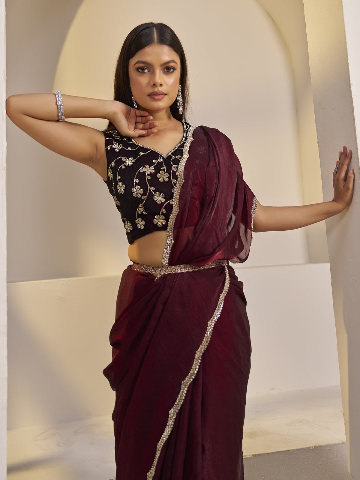 Maroon satin silk saree view 3