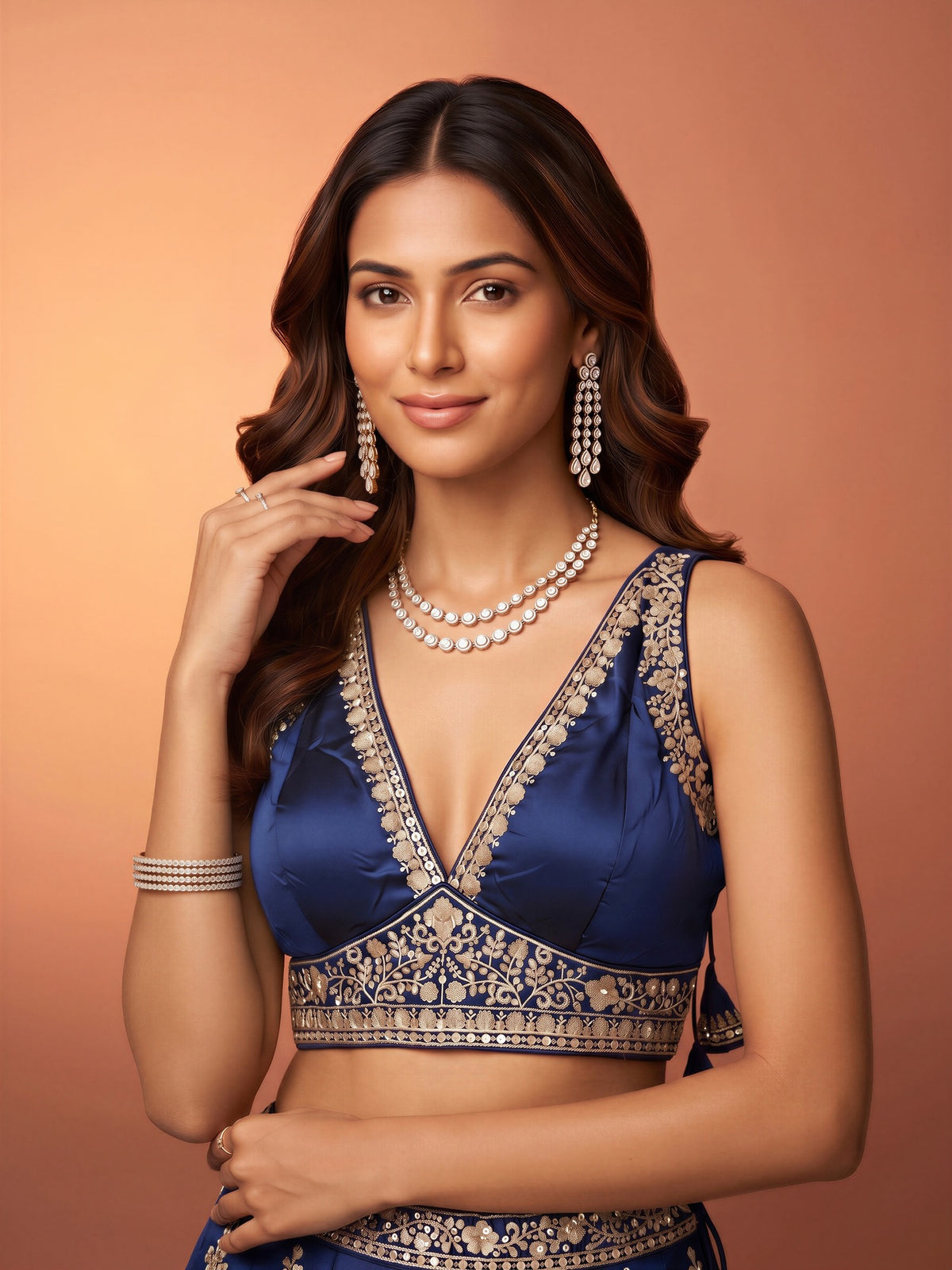 Blue sequin embellished silk blend sleeveless readymade saree blouse with deep v neck view 3