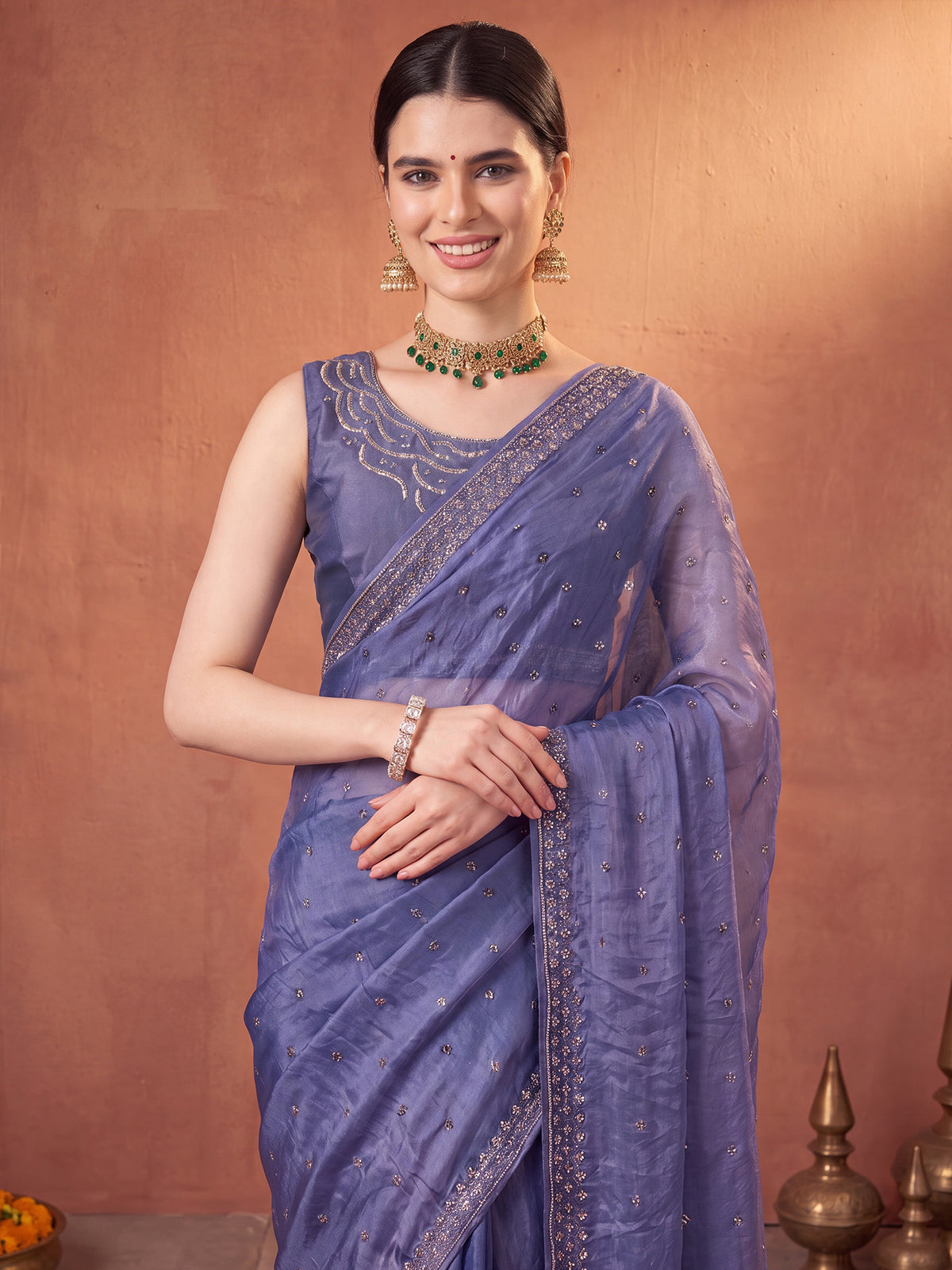 Blue Satin Silk saree – detail view 4