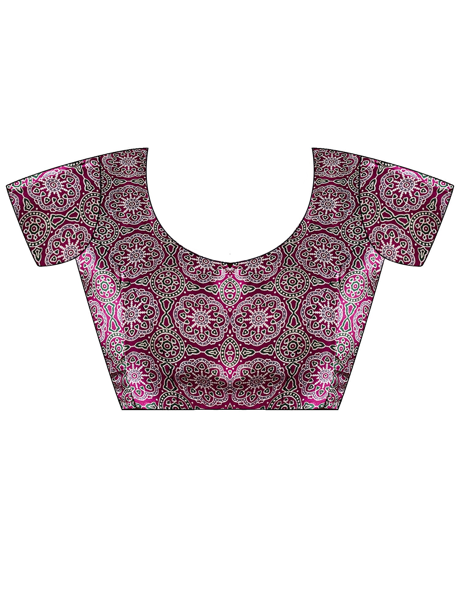 Unstitched magenta satin blouse piece with ajrak design