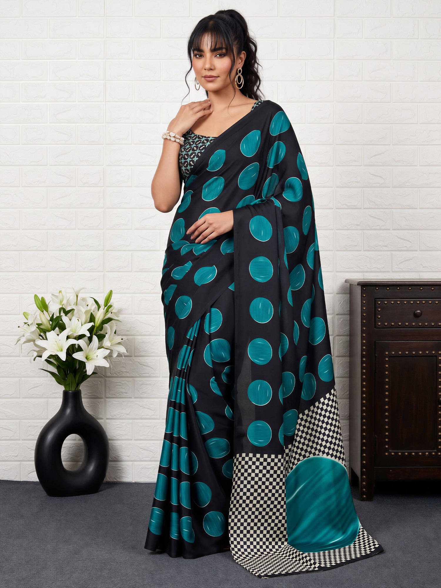 Teal Blue Satin saree – detail view 3