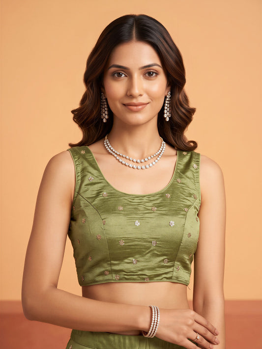 Sea Green sequin embellished chinnon sleeveless readymade saree blouse with round neck