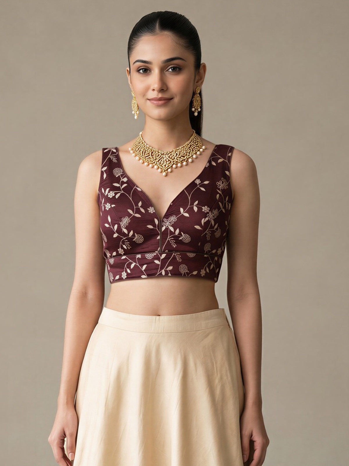 Dark Brown sequin embellished silk blend sleeveless readymade saree blouse with v neck
