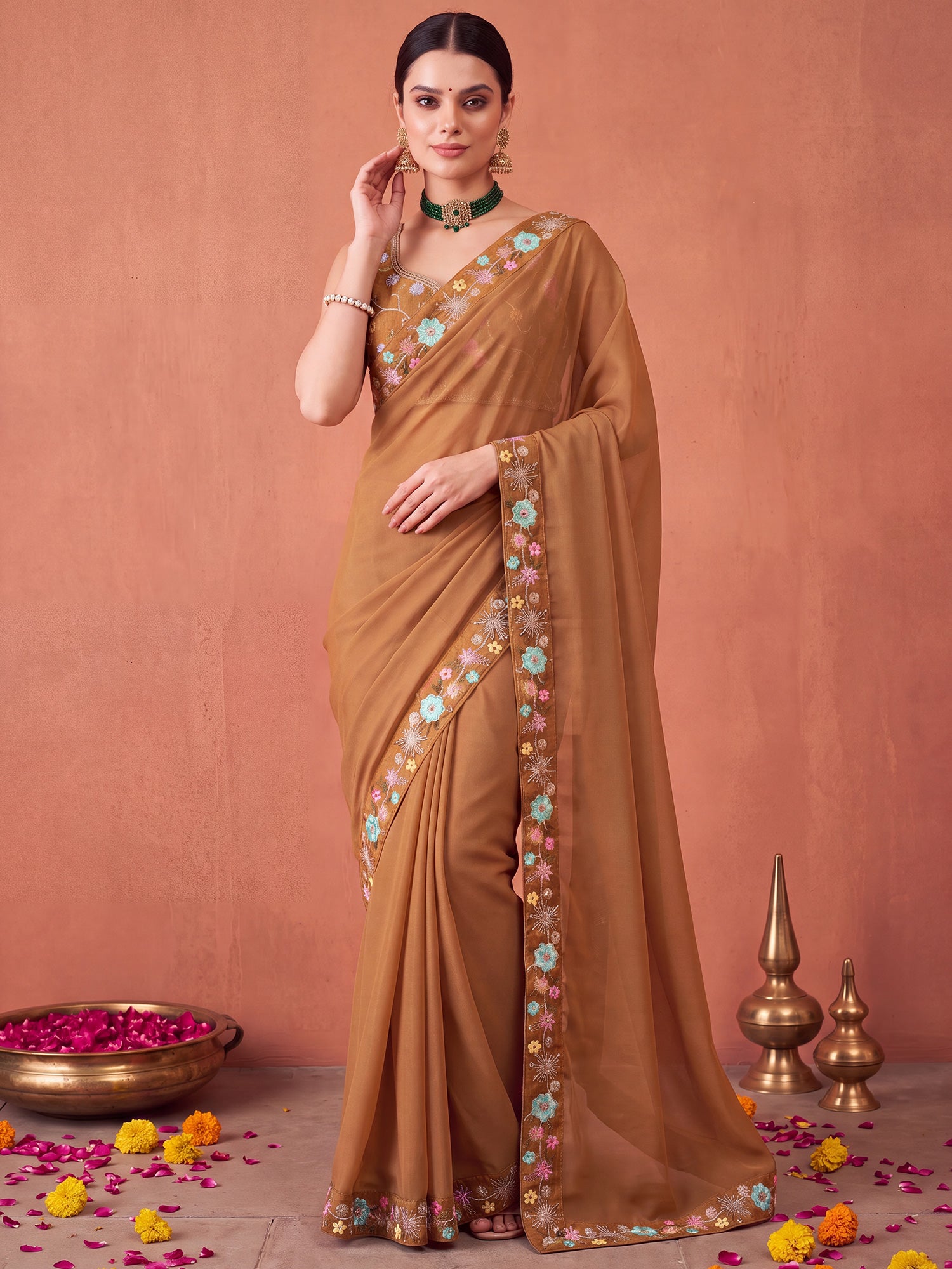 Light Brown Poly Georgette saree – detail view 3