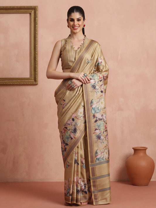 Woman wearing cream cotton blend saree with botanical floral and leaf design and cream blouse