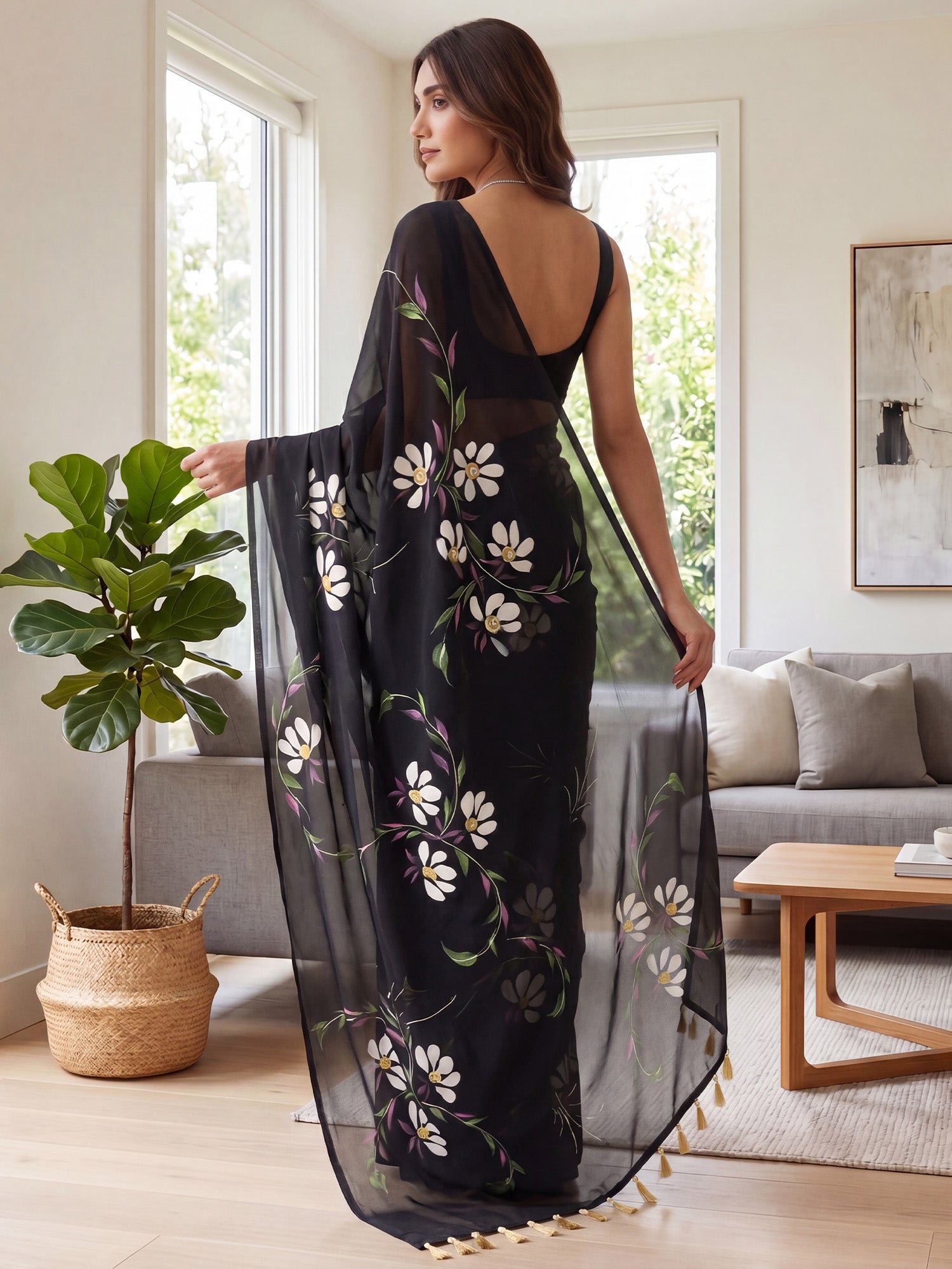 Black Georgette saree – detail view 1
