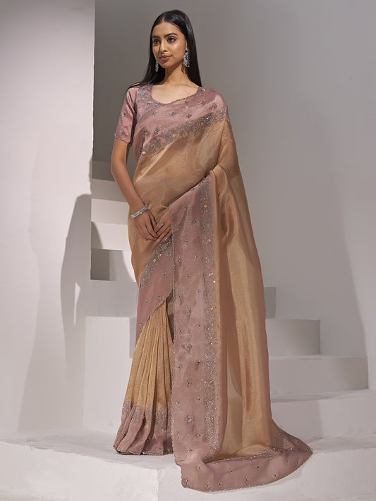 Peach applique organza saree with metallic blouse piece