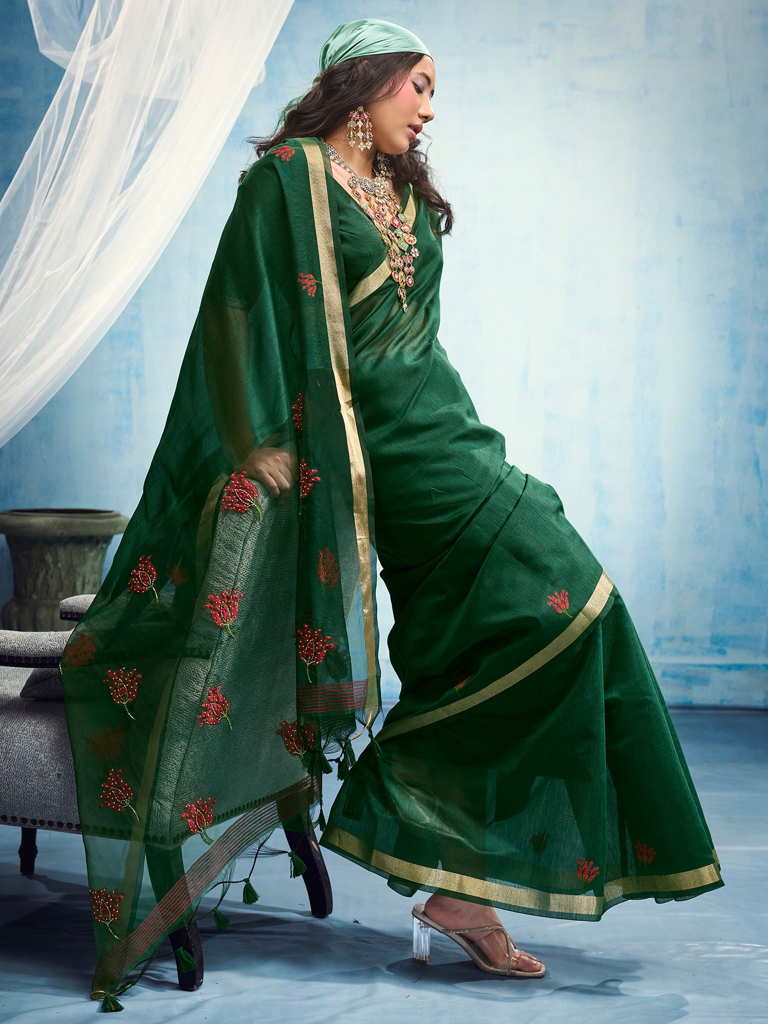 Green Muga Cotton saree – detail view 2