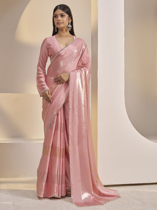 Peach foil satin silk saree with peach blouse piece