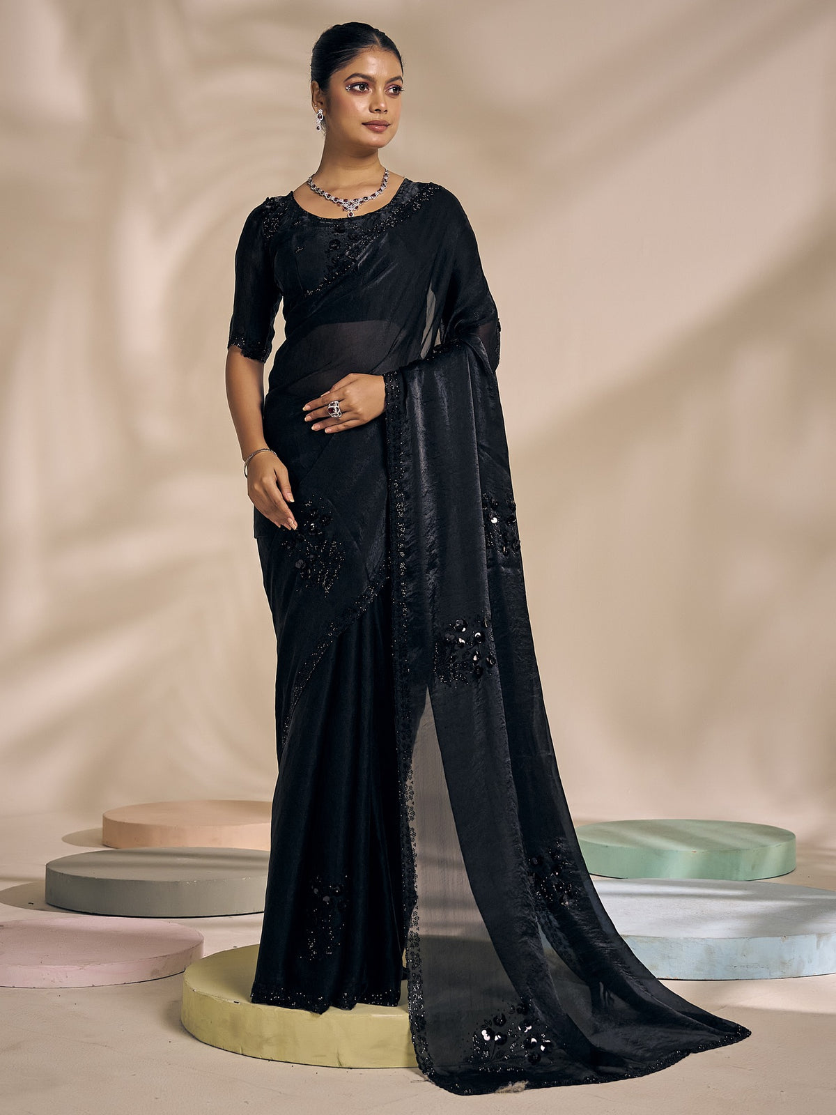 Black embellished satin silk saree with black blouse piece