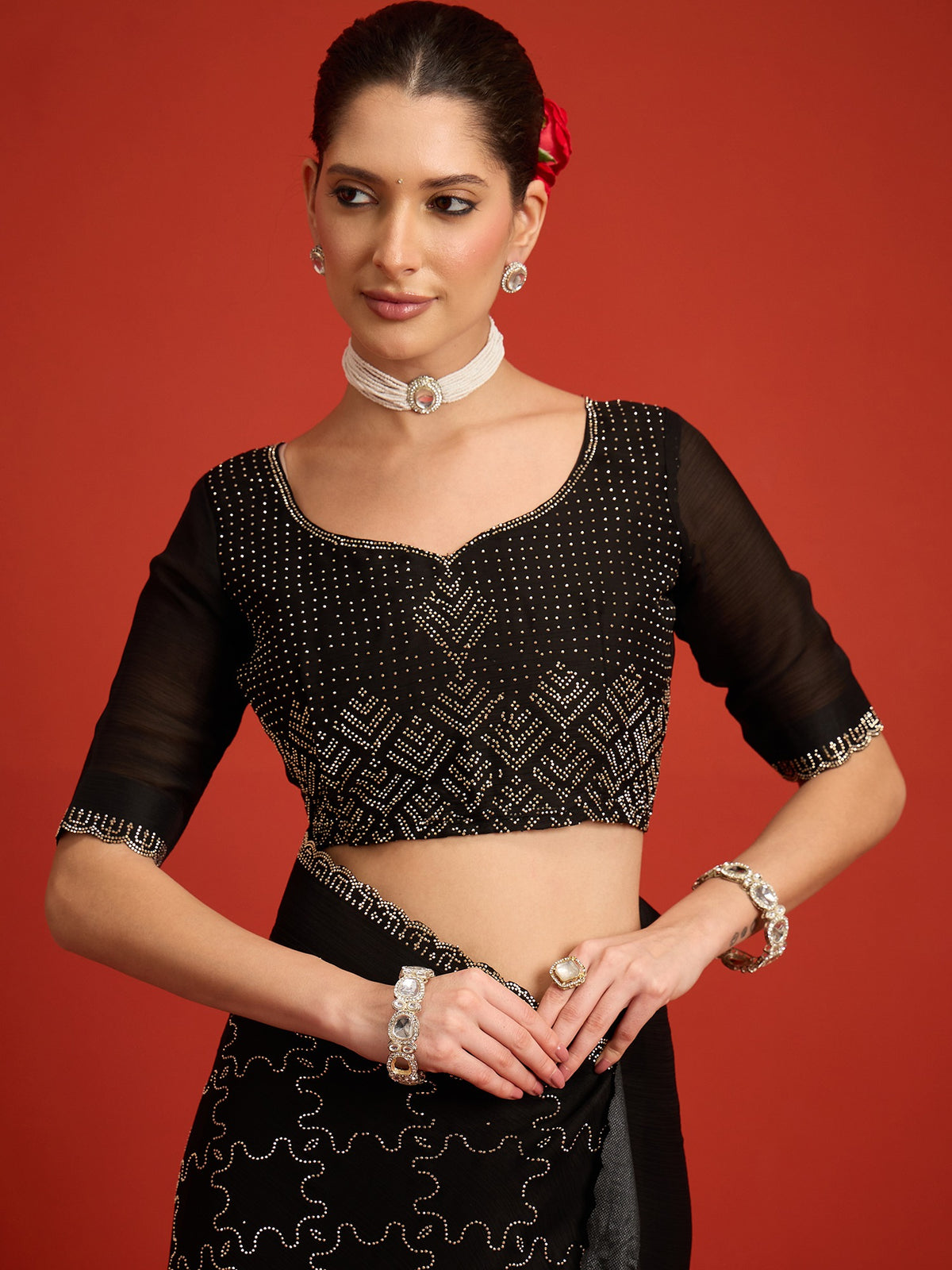 Black Chiffon saree – detail view 5
