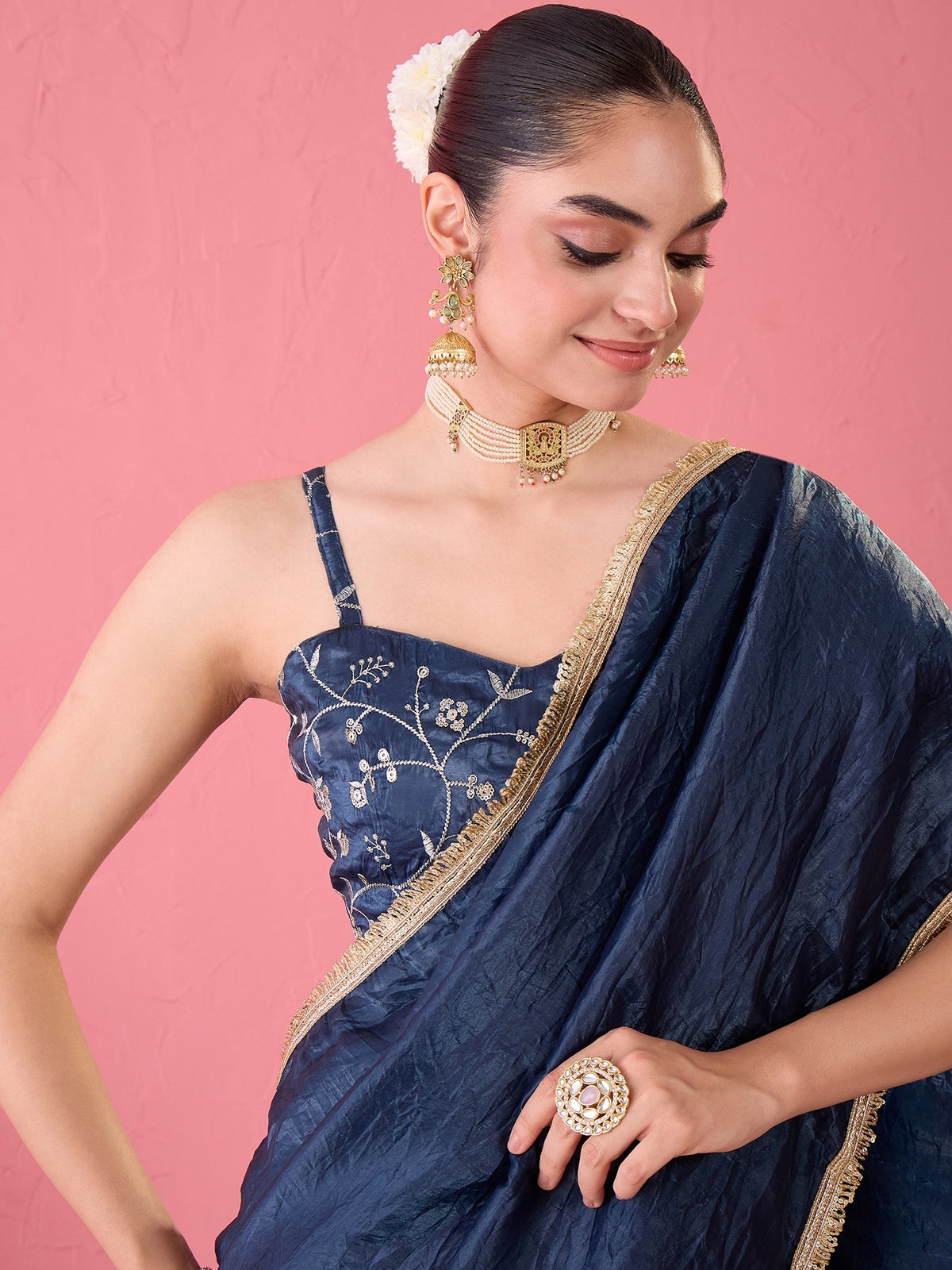 Teal Blue Tissue saree – detail view 3