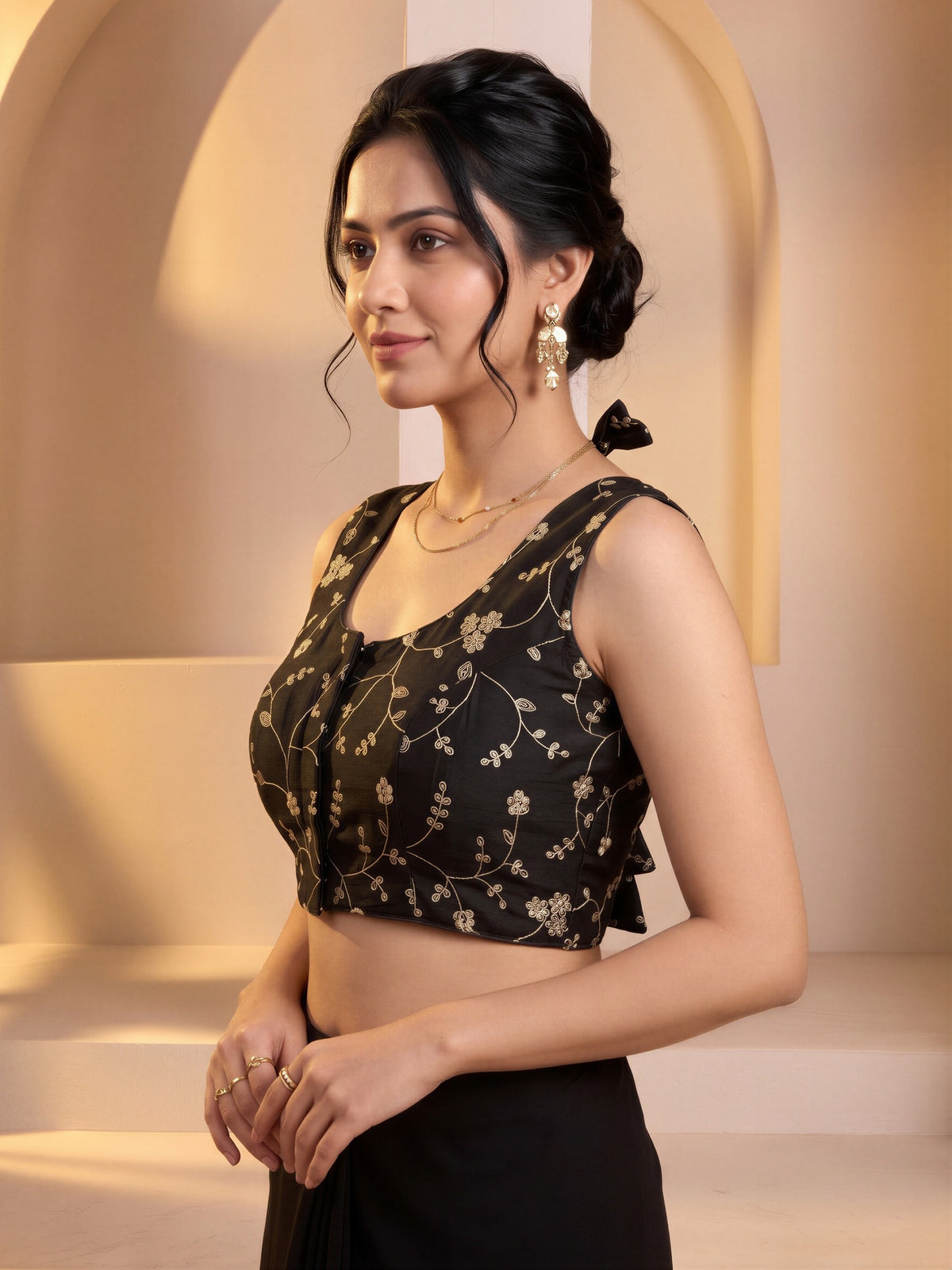 Black sequin embroidered vichitra silk sleeveless readymade saree blouse with round neck view 2