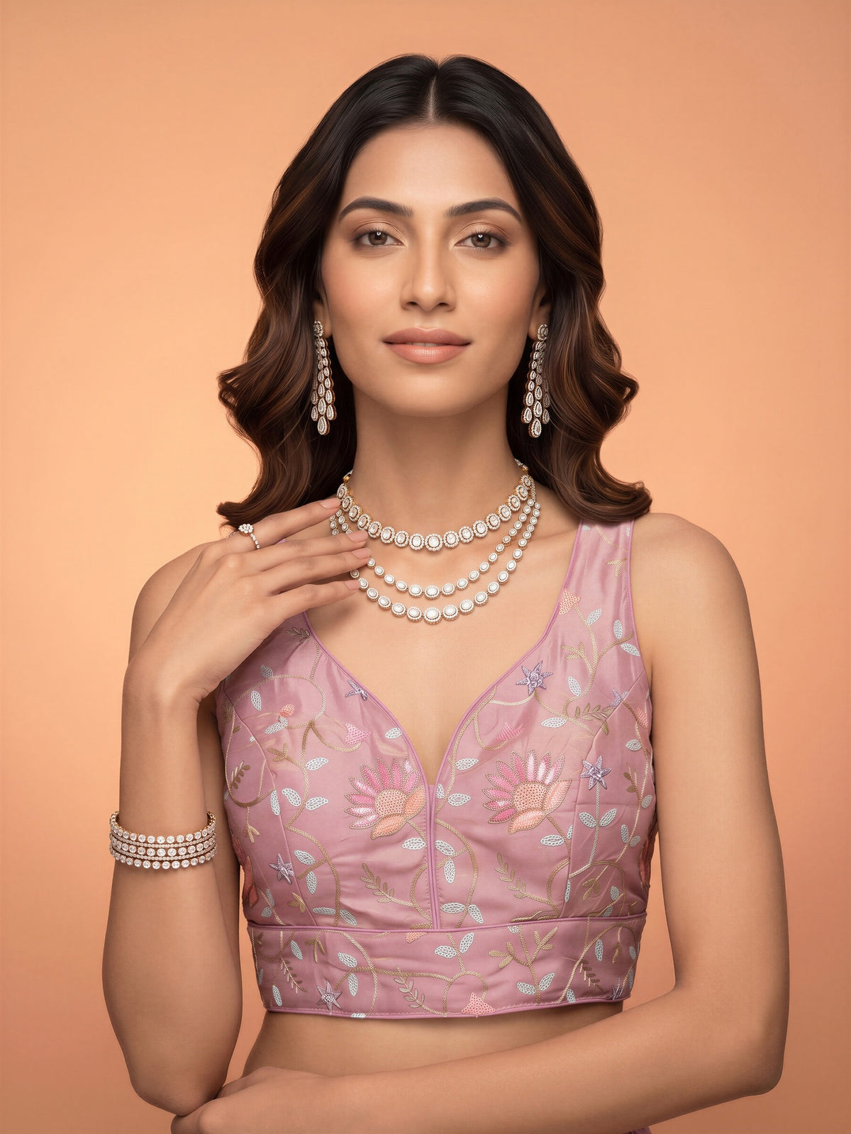 Mauve sequin embellished satin sleeveless readymade saree blouse with deep v neck view 3