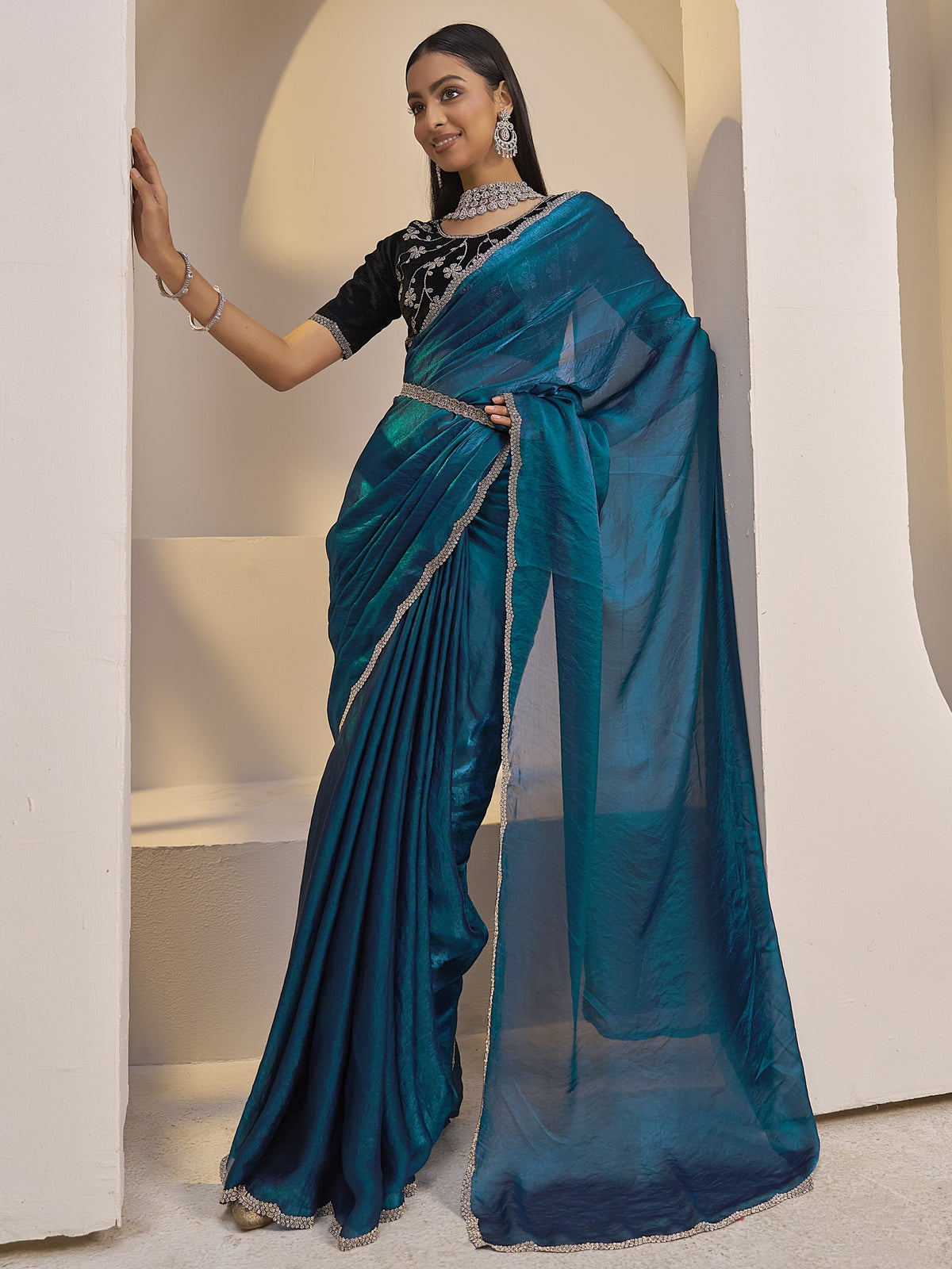 Teal Blue satin silk saree view 2