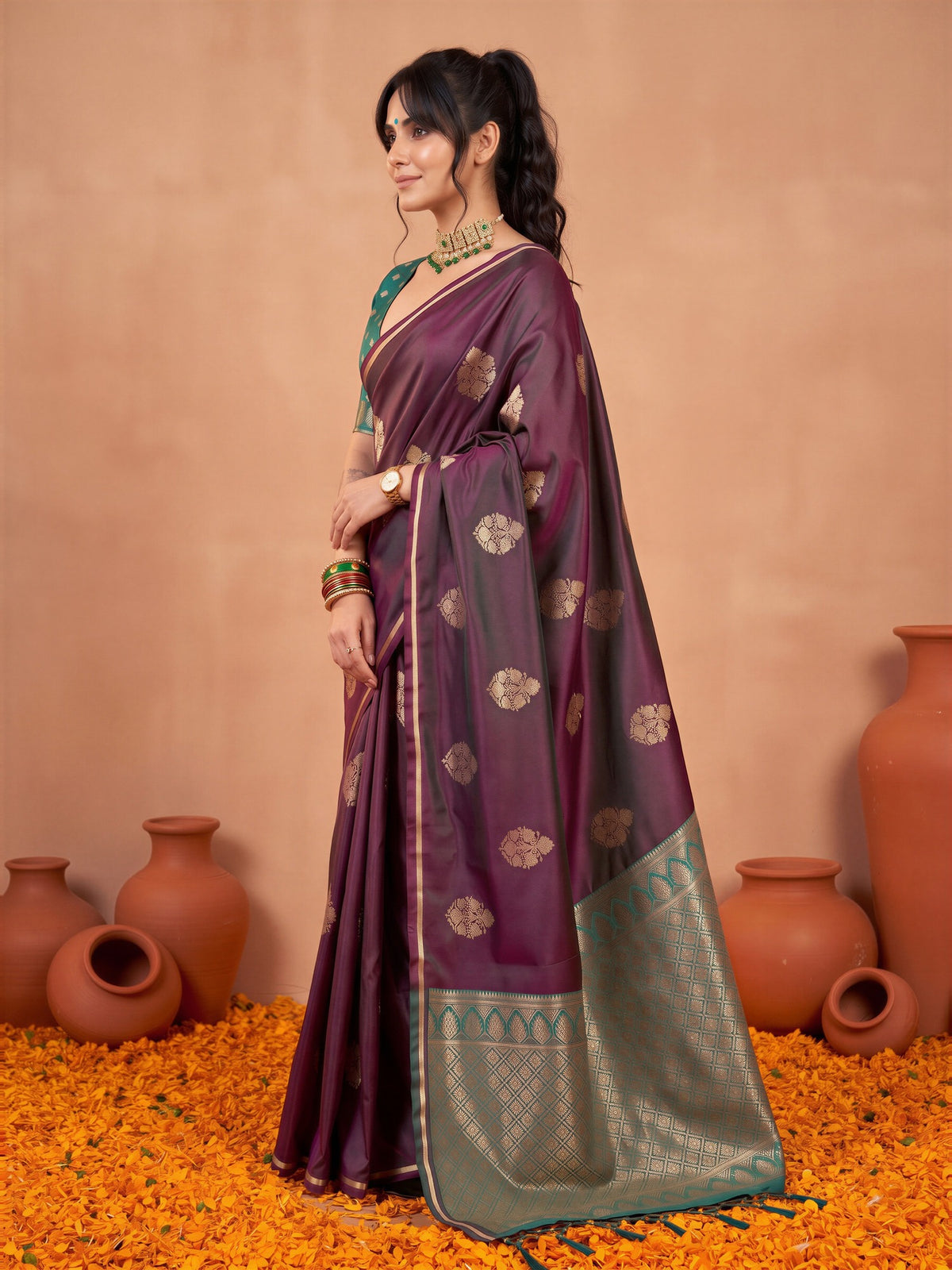 Burgundy Satin Silk saree – detail view 1