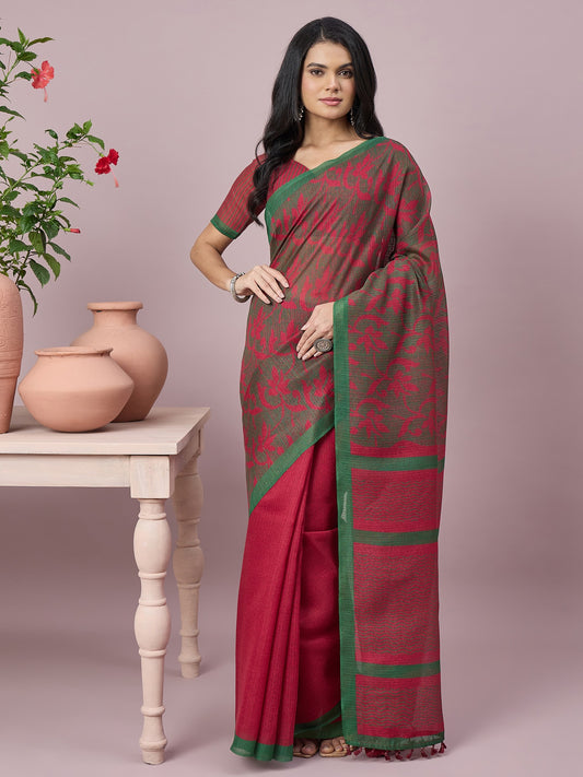 Green floral cotton slub saree with pink blouse piece