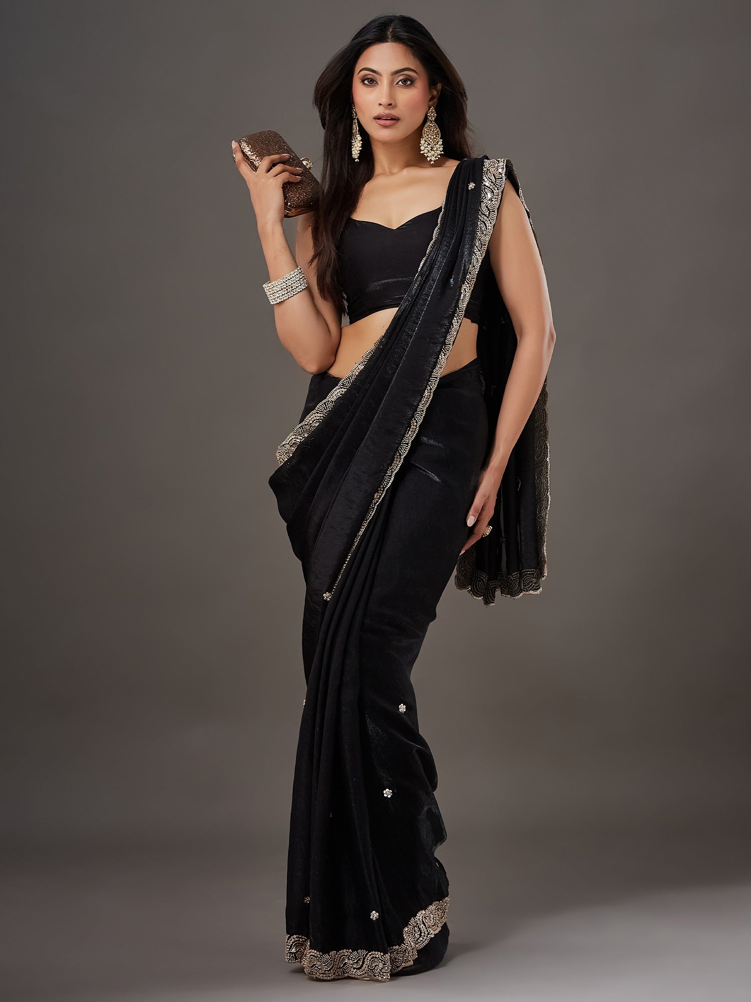 Black Satin saree – detail view 1