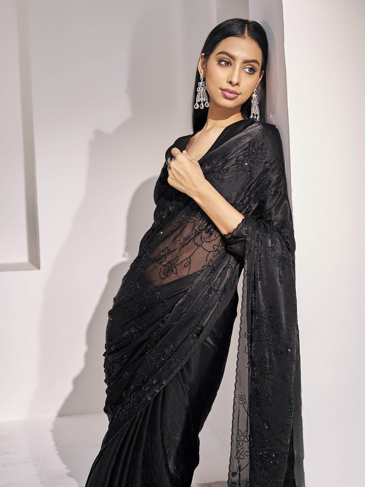 Black satin silk saree view 4