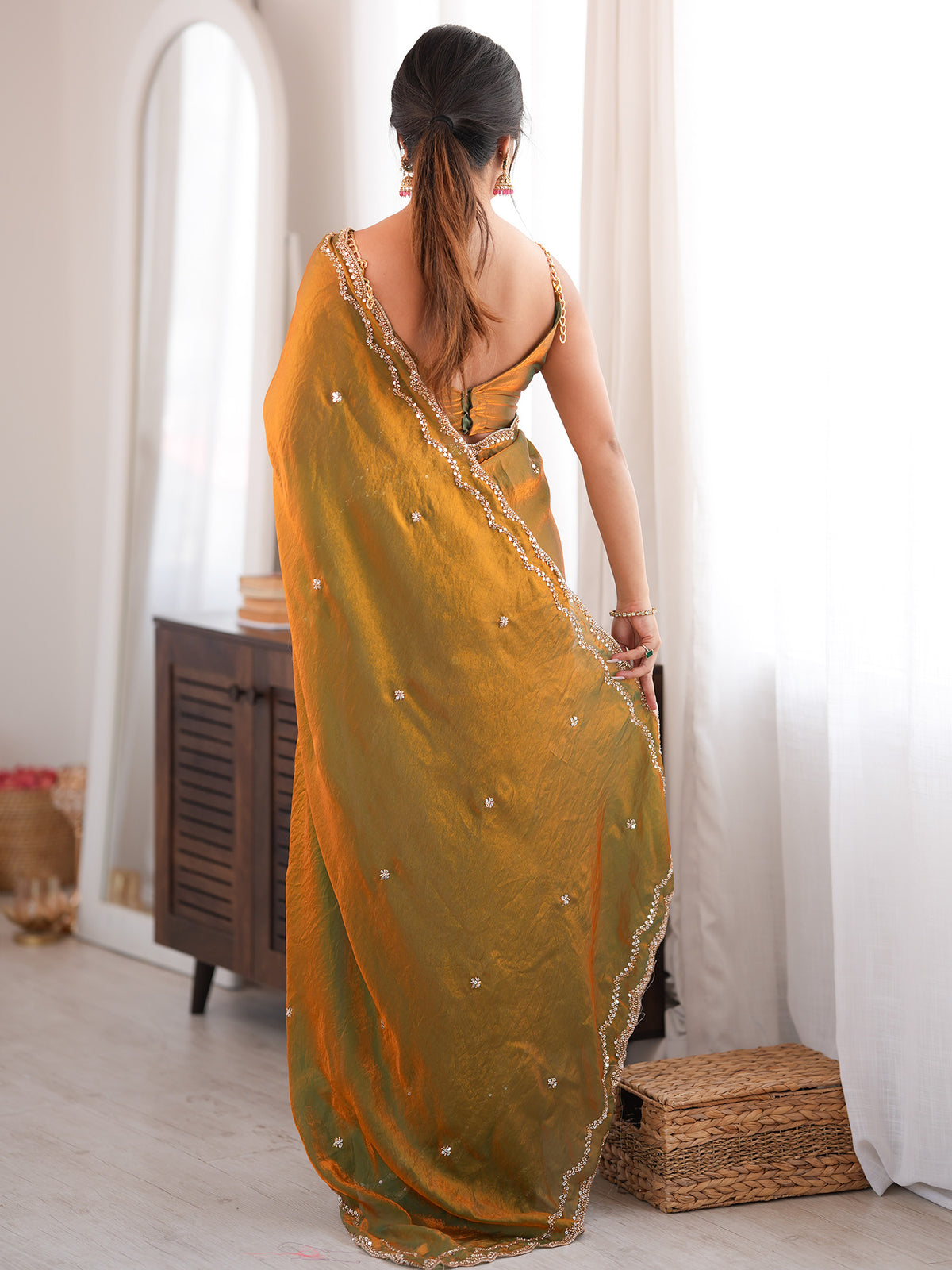 Gold Satin Silk saree – detail view 1