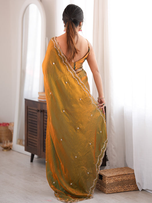 Gold Satin Silk saree – detail view 1