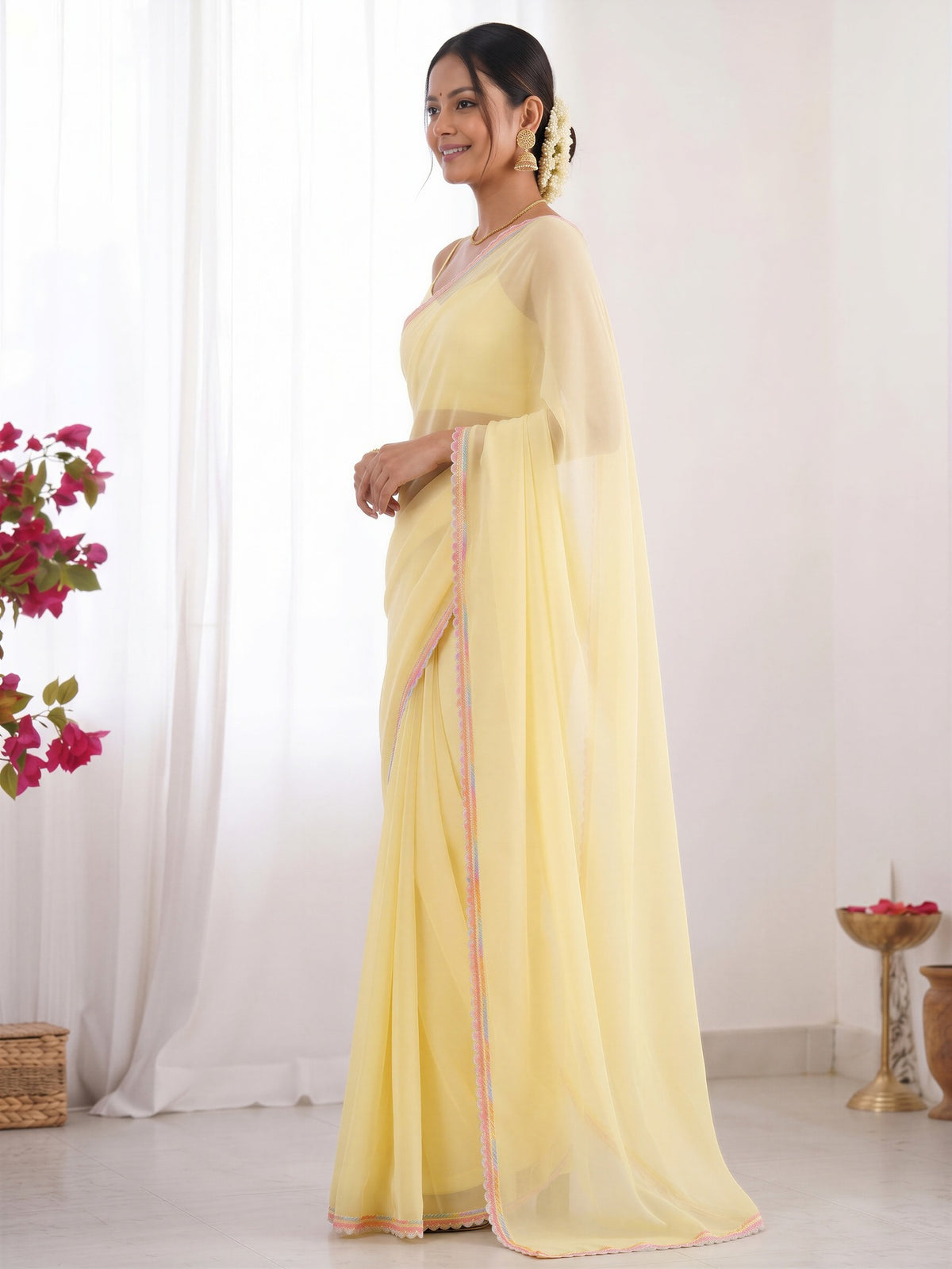 Yellow satin silk saree view 2