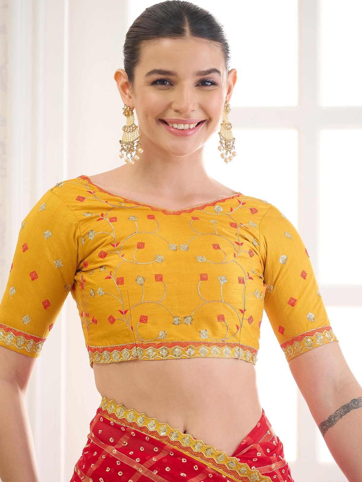 Unstitched yellow banglori silk blouse piece with embellished design