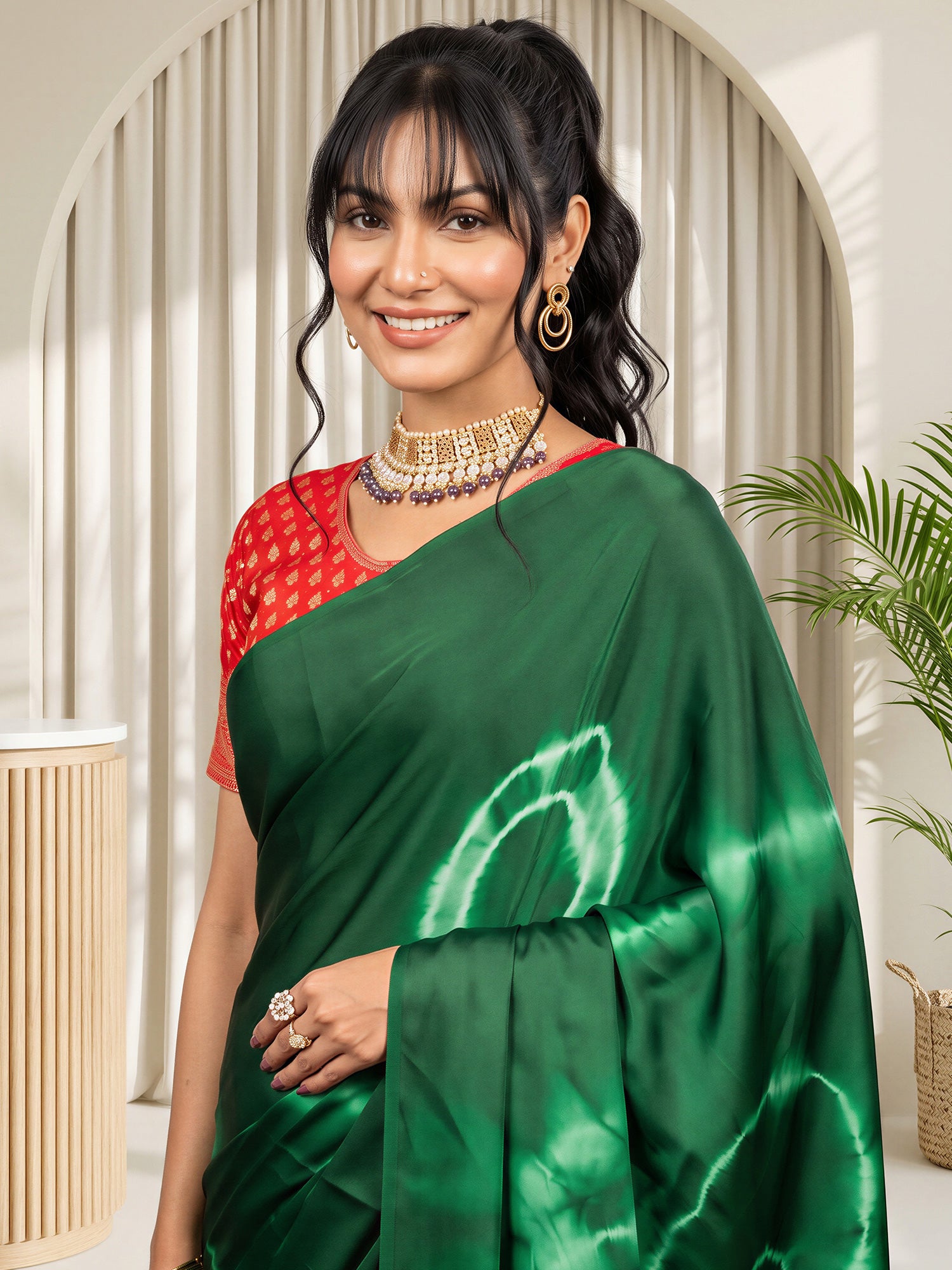 Green Satin Silk saree – detail view 4