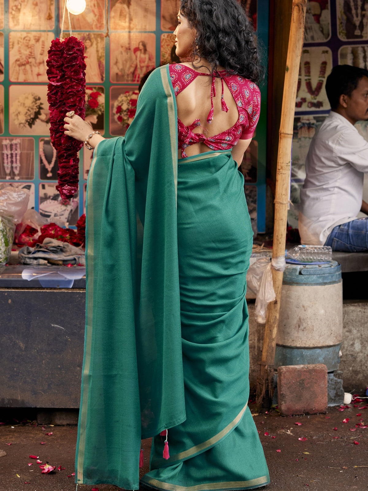 Teal Green Cotton Blend saree – detail view 2