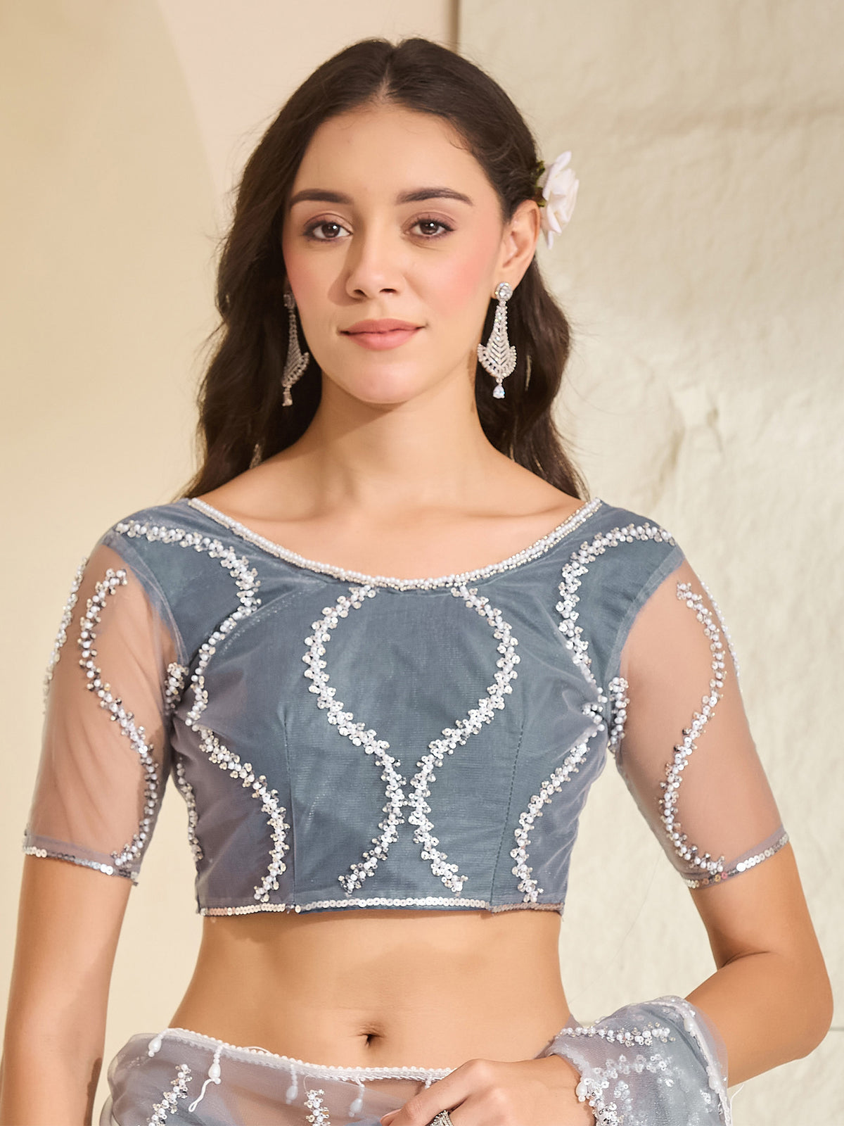 Unstitched grey net blouse piece with embellished design