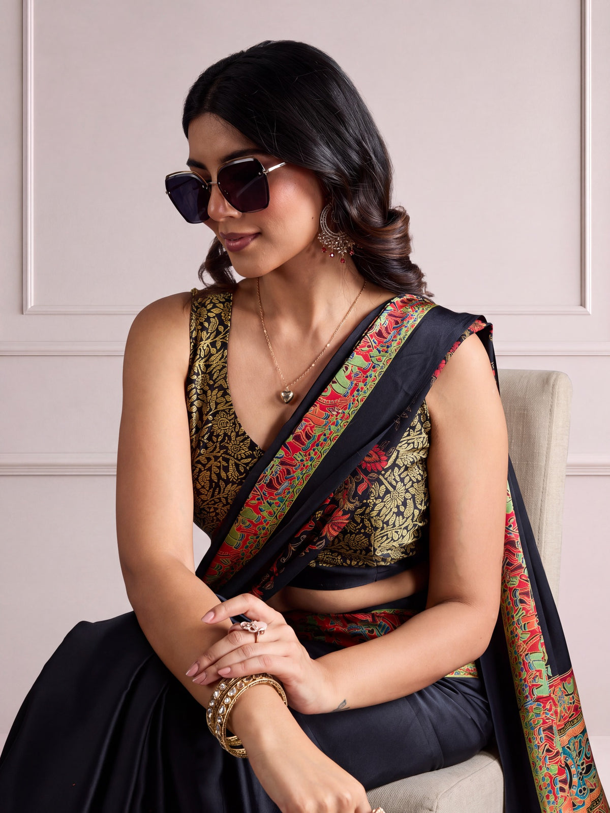 Black Satin saree – detail view 1