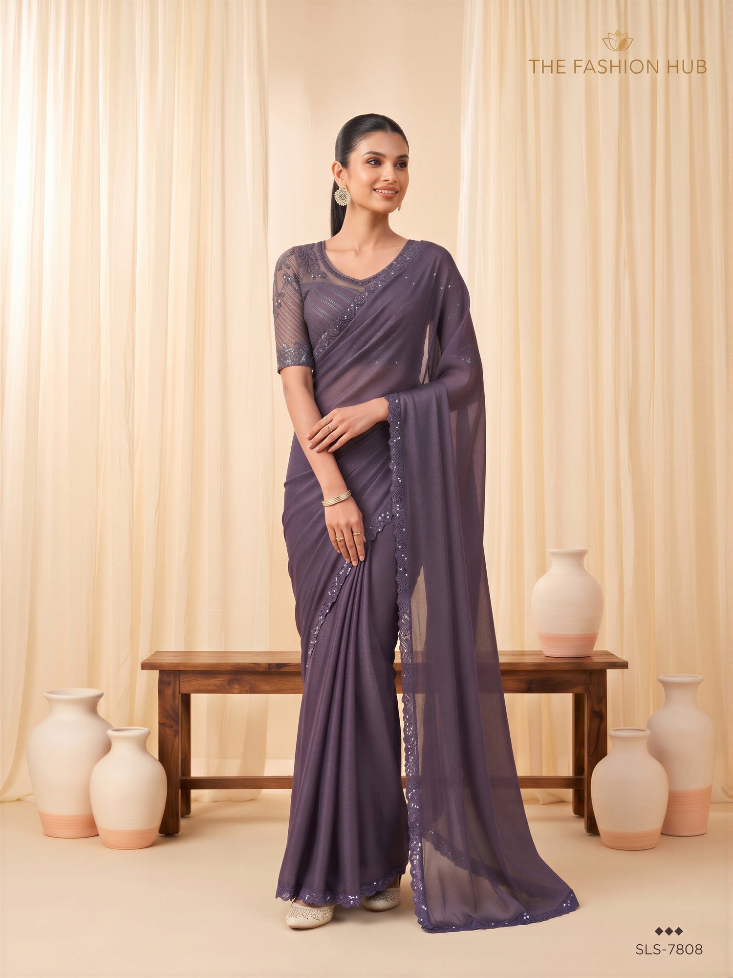 Violet Georgette saree – detail view 3