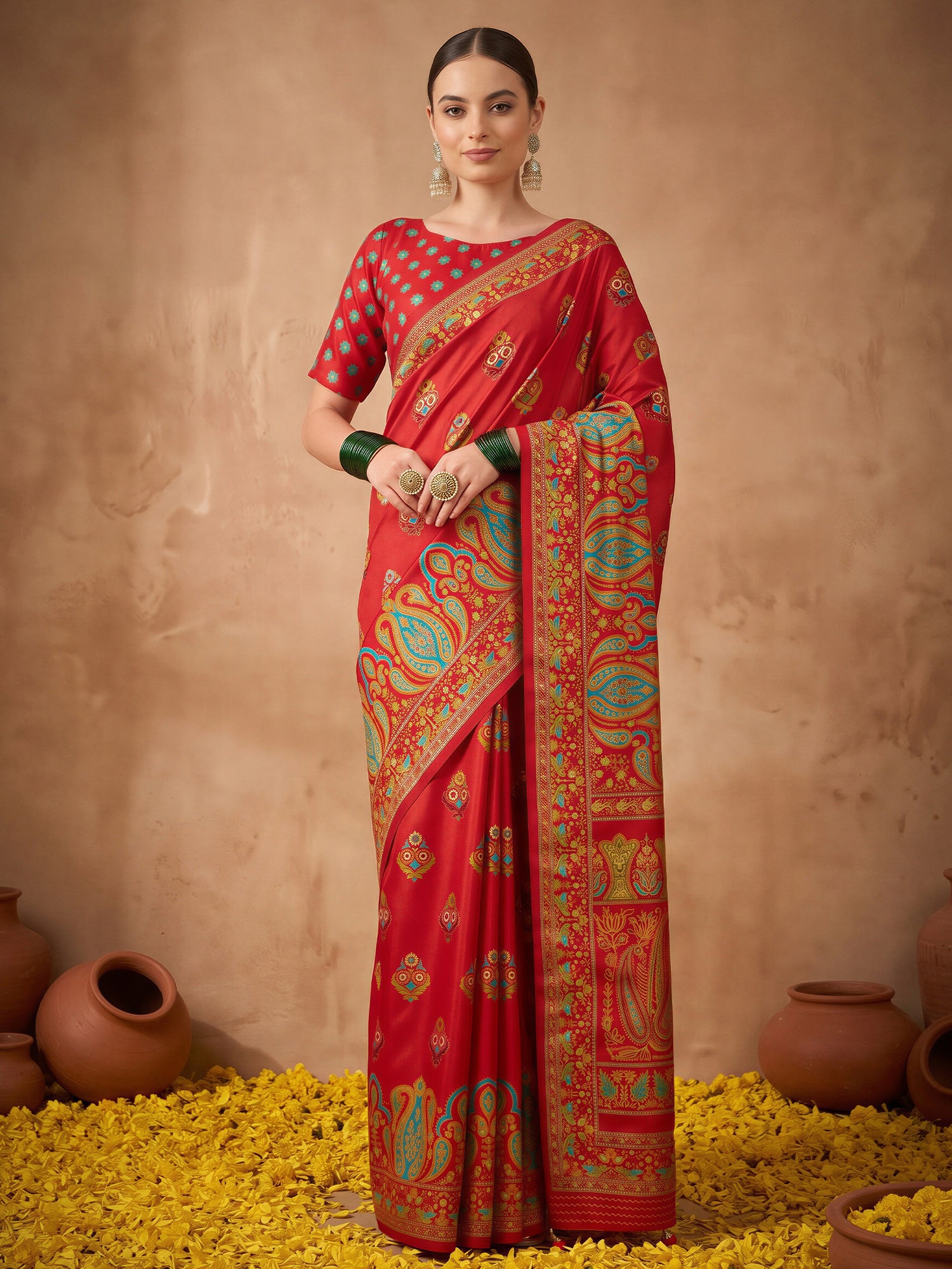 Woman wearing red silk blend saree with metallic foil print work and red blouse