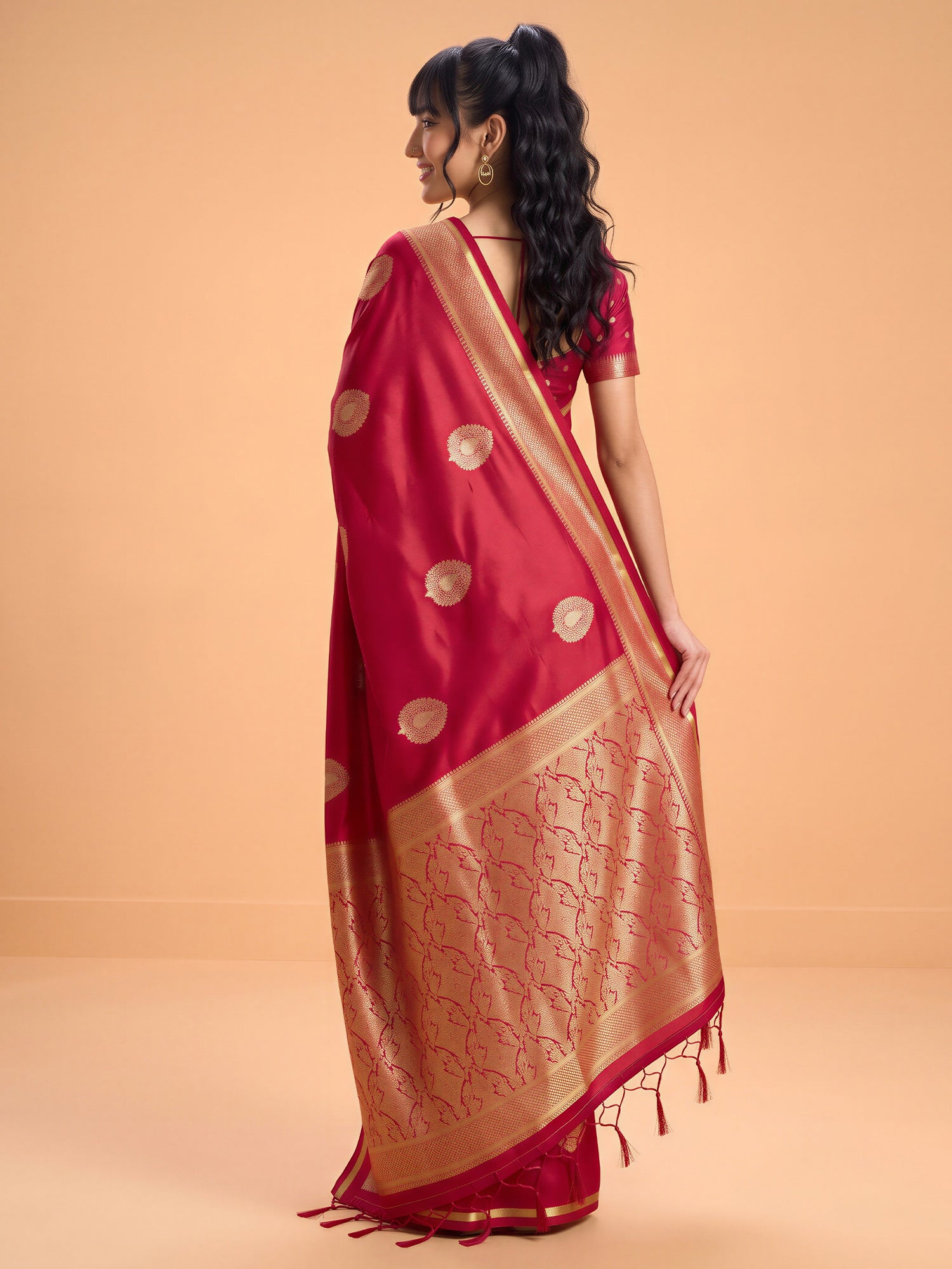 Red Satin Silk saree – detail view 1
