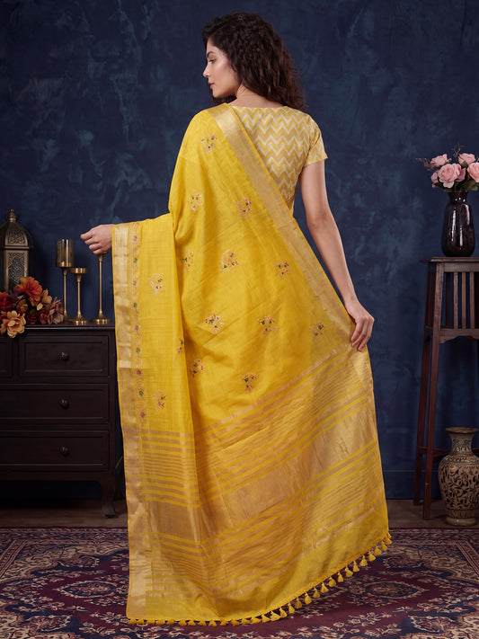 Yellow Cotton Linen saree – detail view 1