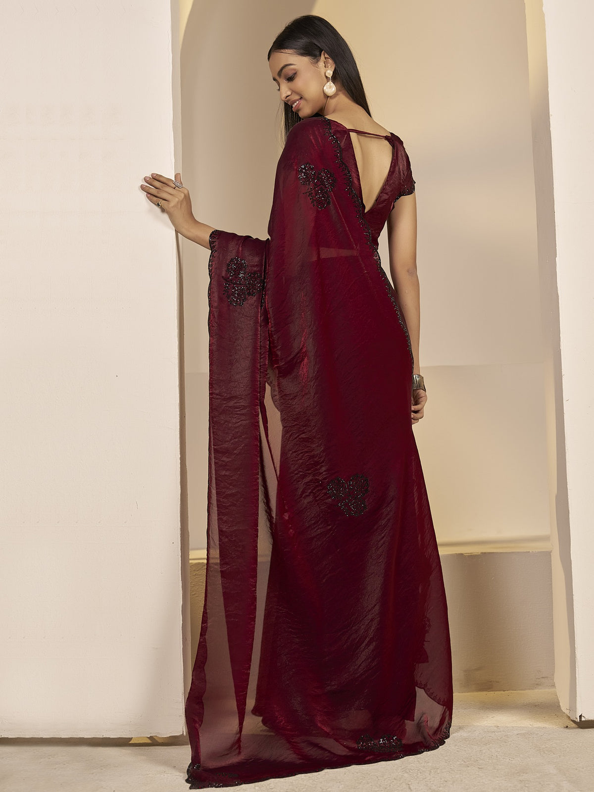Maroon satin silk saree view 2