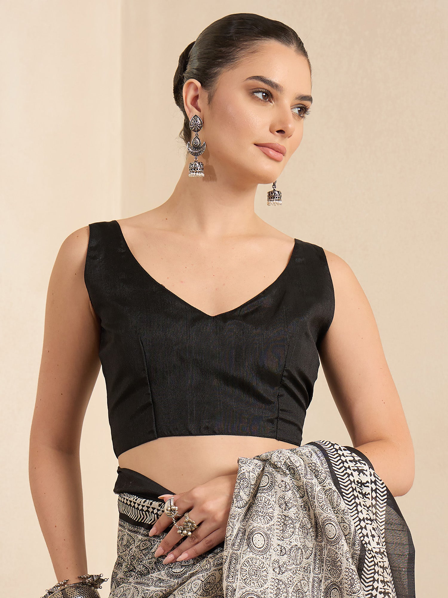 Unstitched black bhagalpuri silk blouse piece with solid design
