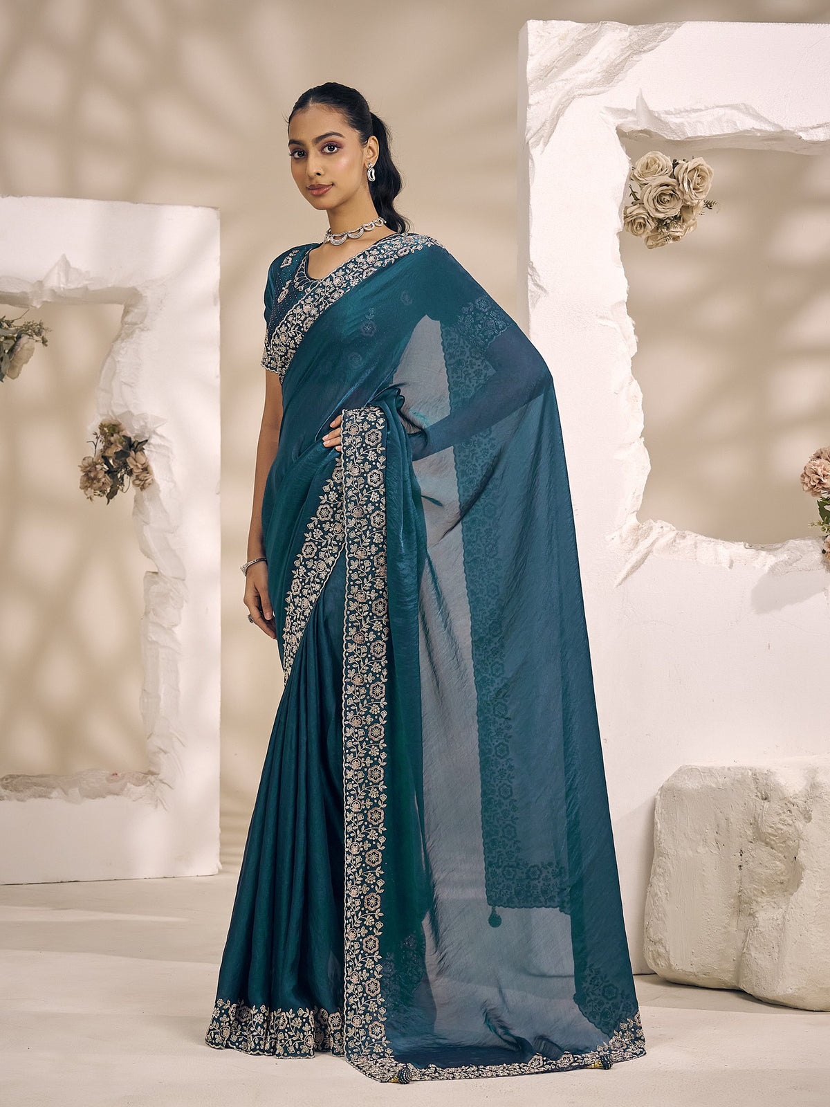 Teal satin silk saree view 1