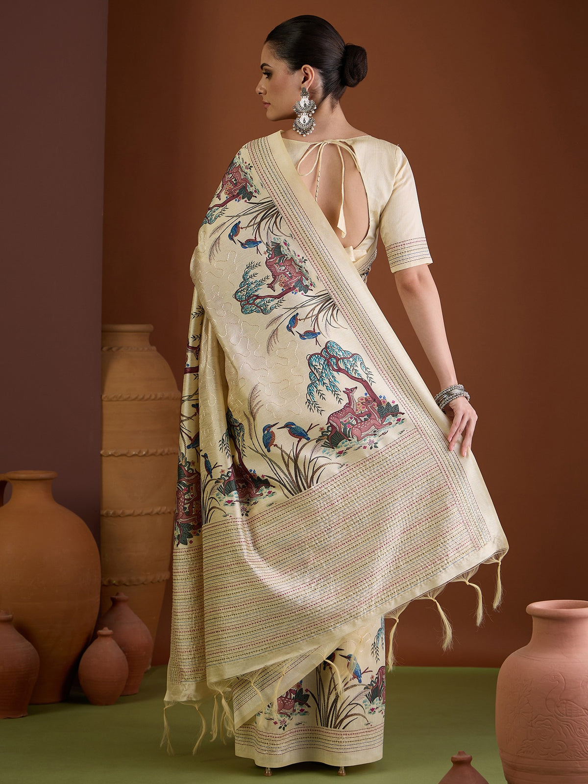 Cream art silk saree view 2
