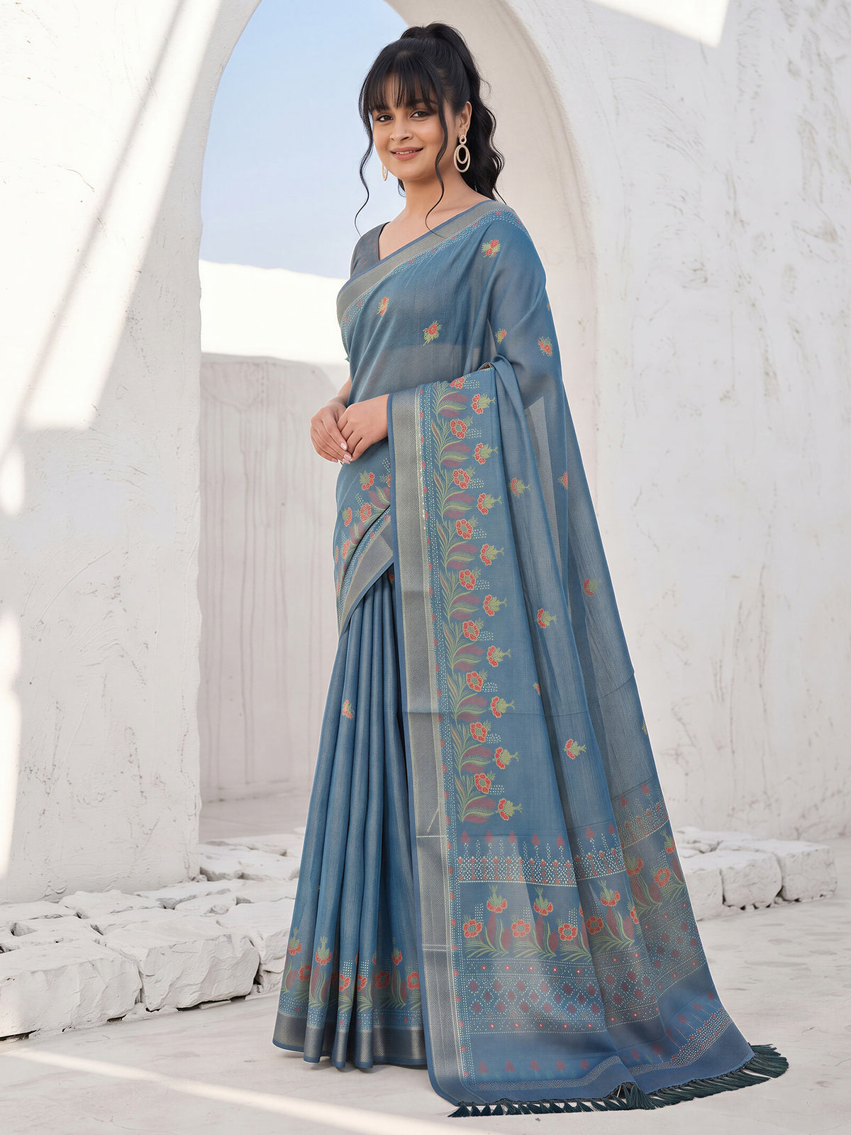 Teal Blue Cotton Silk saree – detail view 2