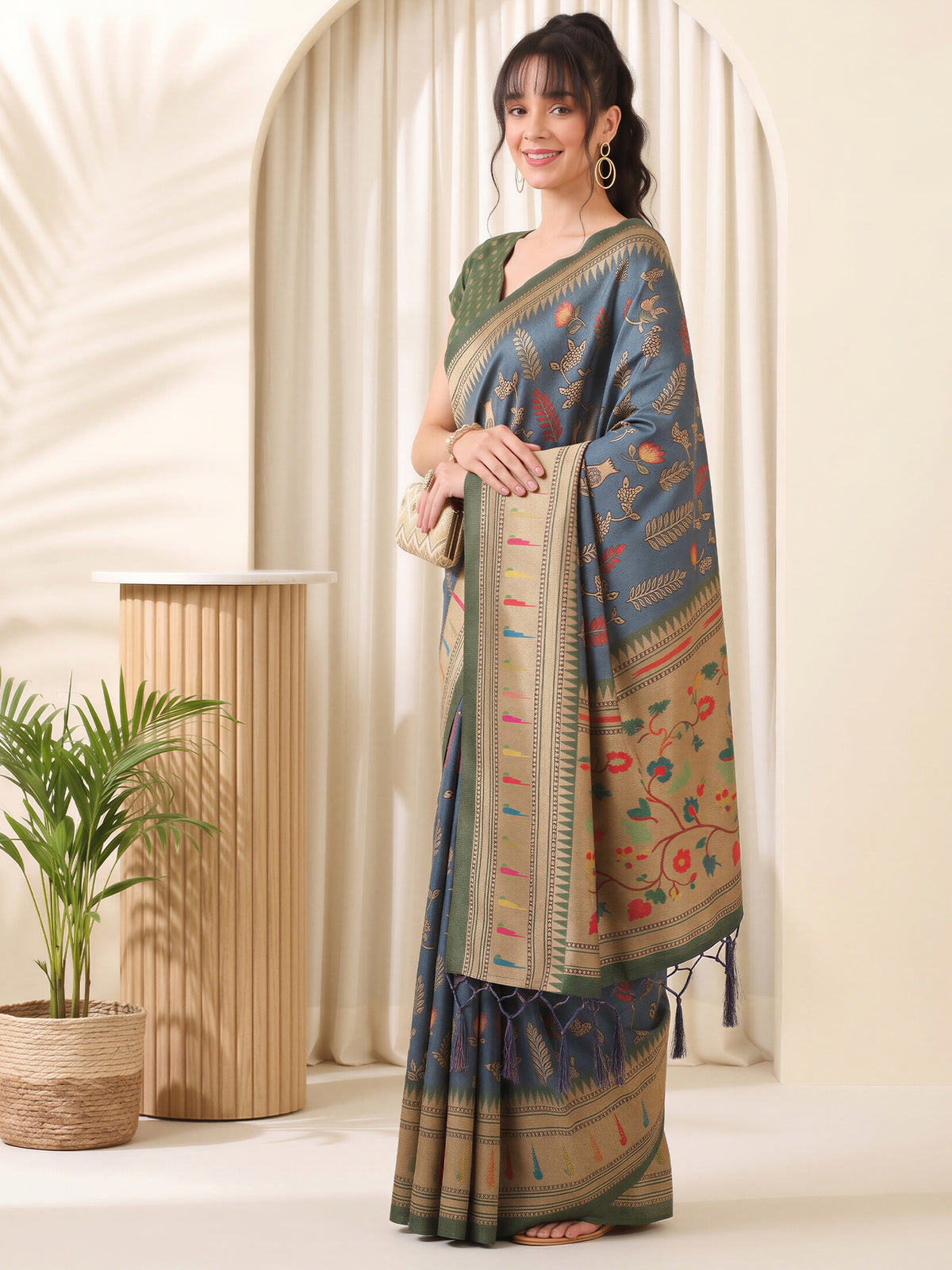Teal Blue Cotton Blend saree – detail view 1