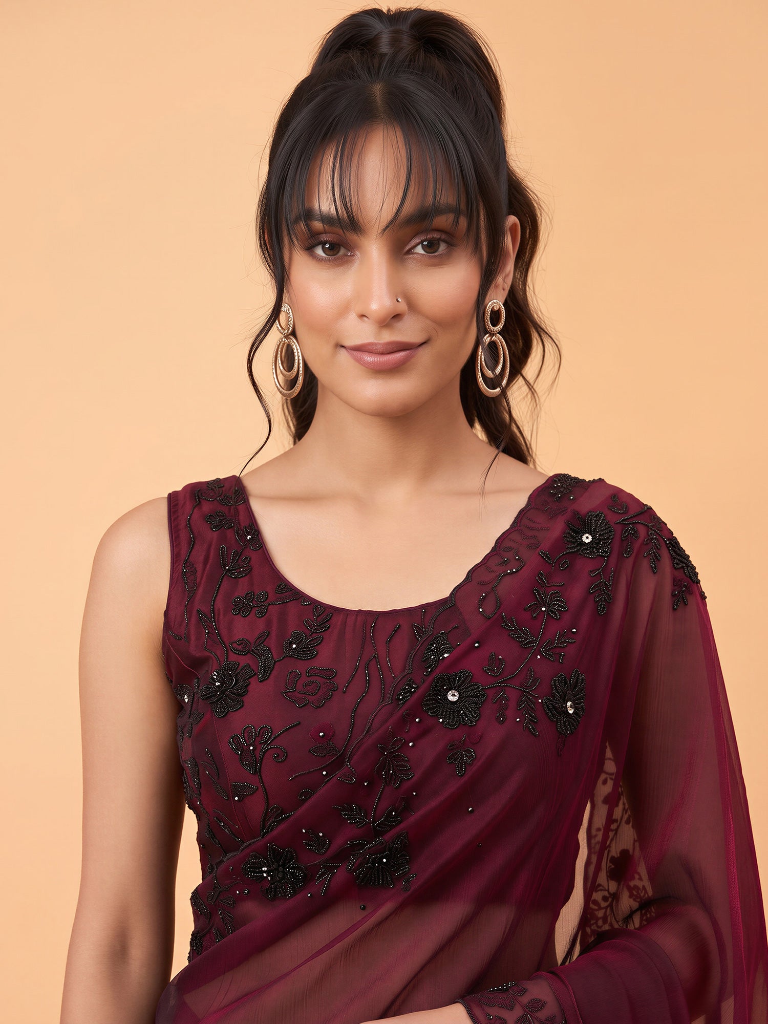 Maroon Satin Silk saree – detail view 4
