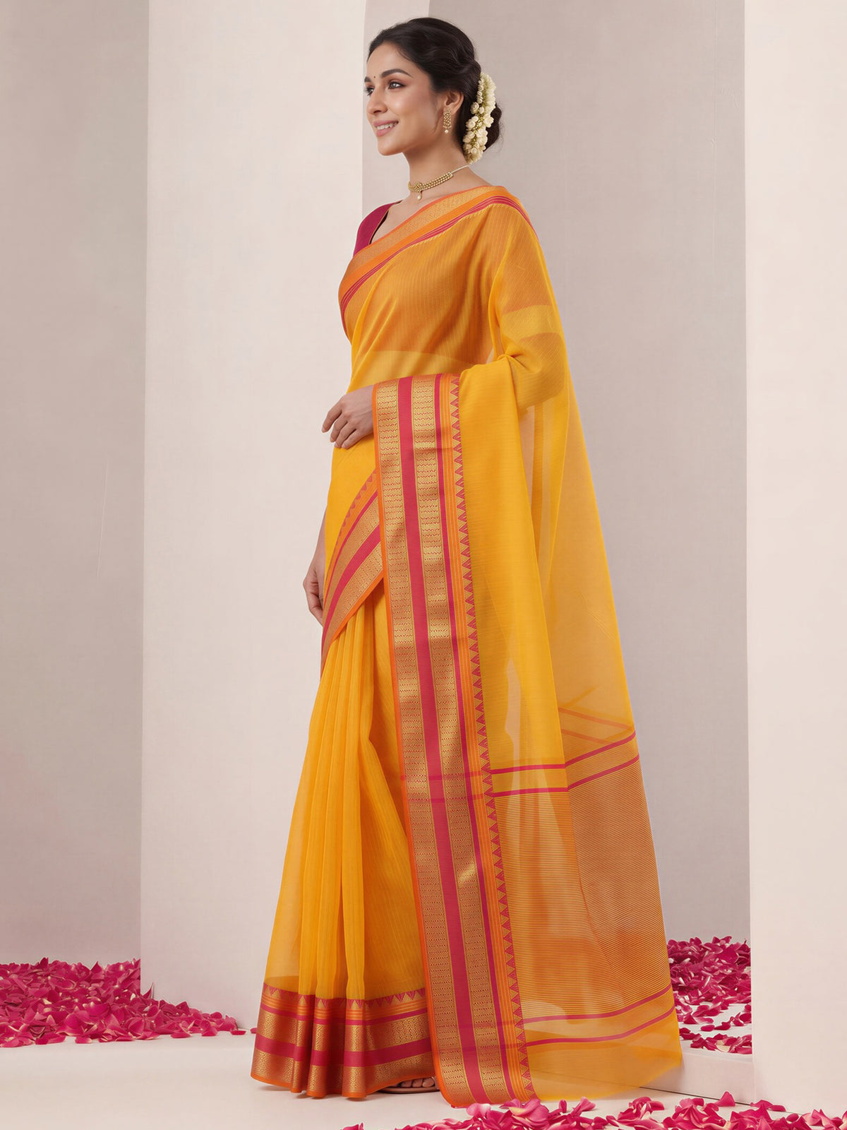 Mustard kota doria cotton saree view 2