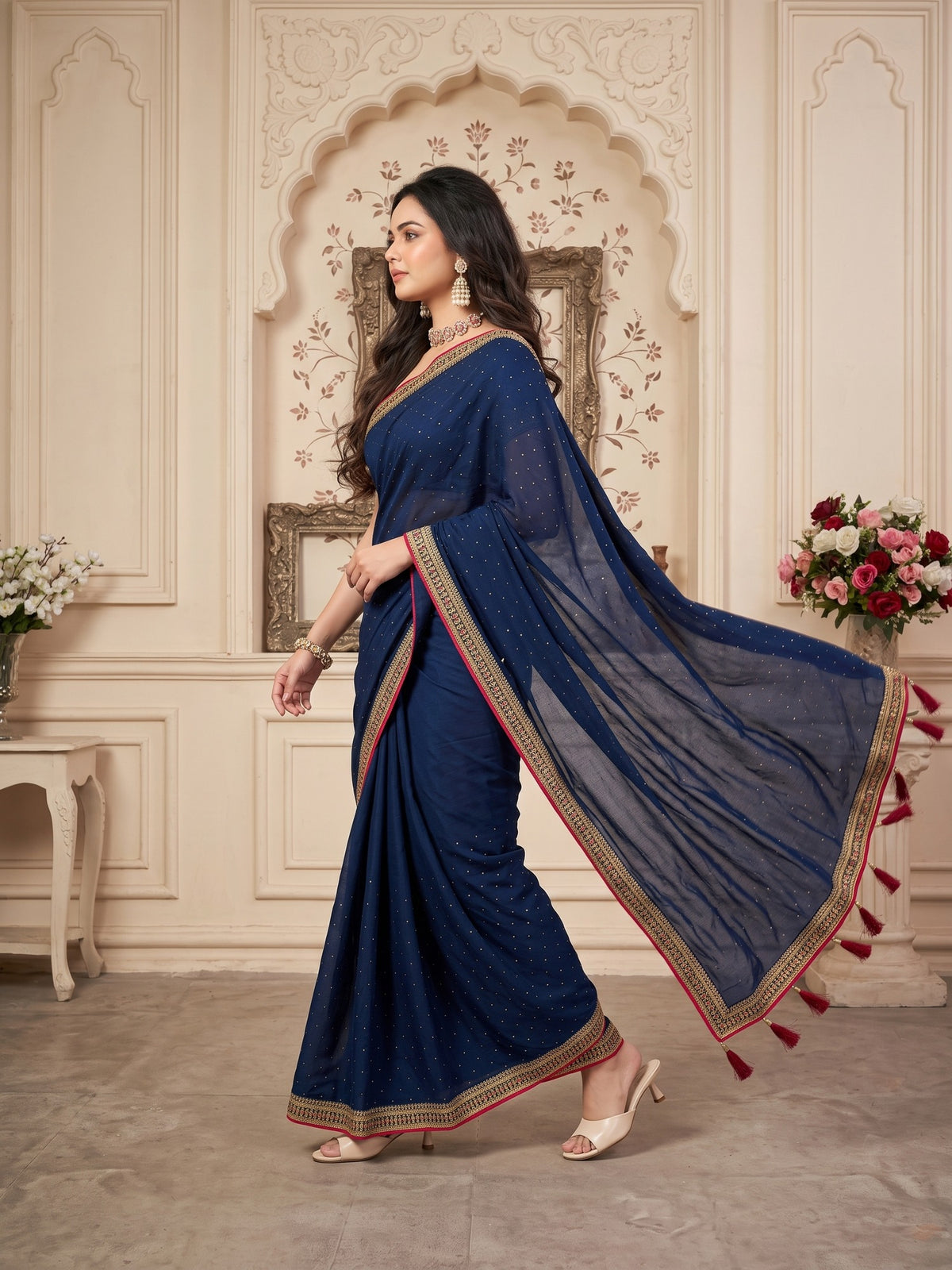 Teal Blue Vichitra Silk saree – detail view 3