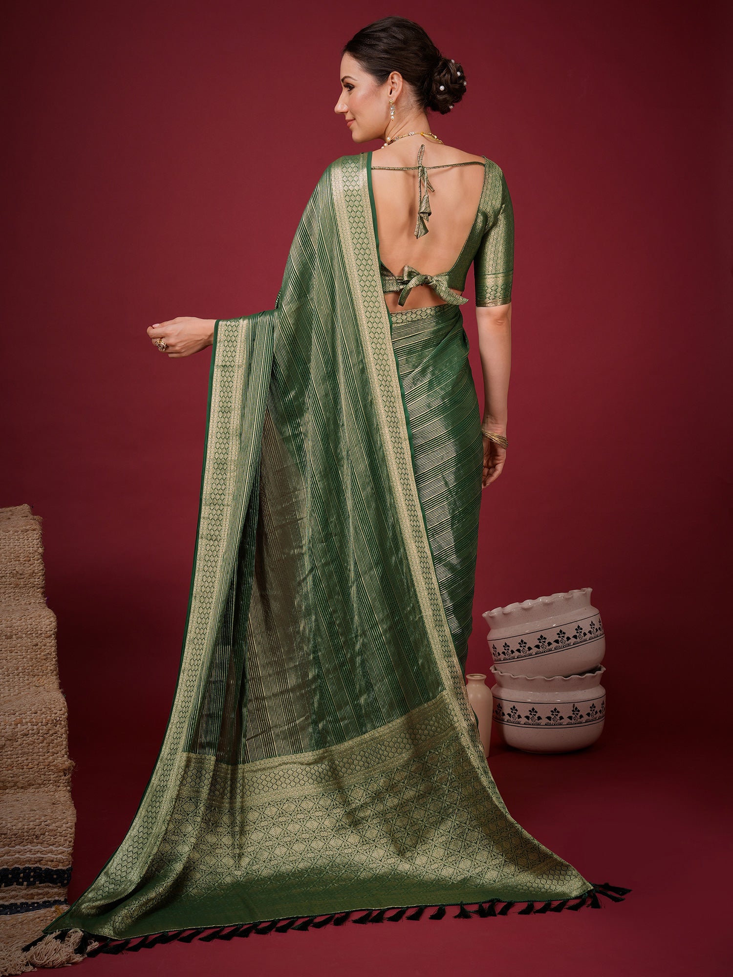 Green Viscose Silk saree – detail view 1