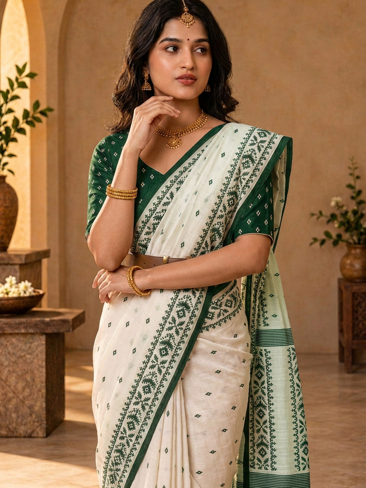 Off White tussar silk saree view 3