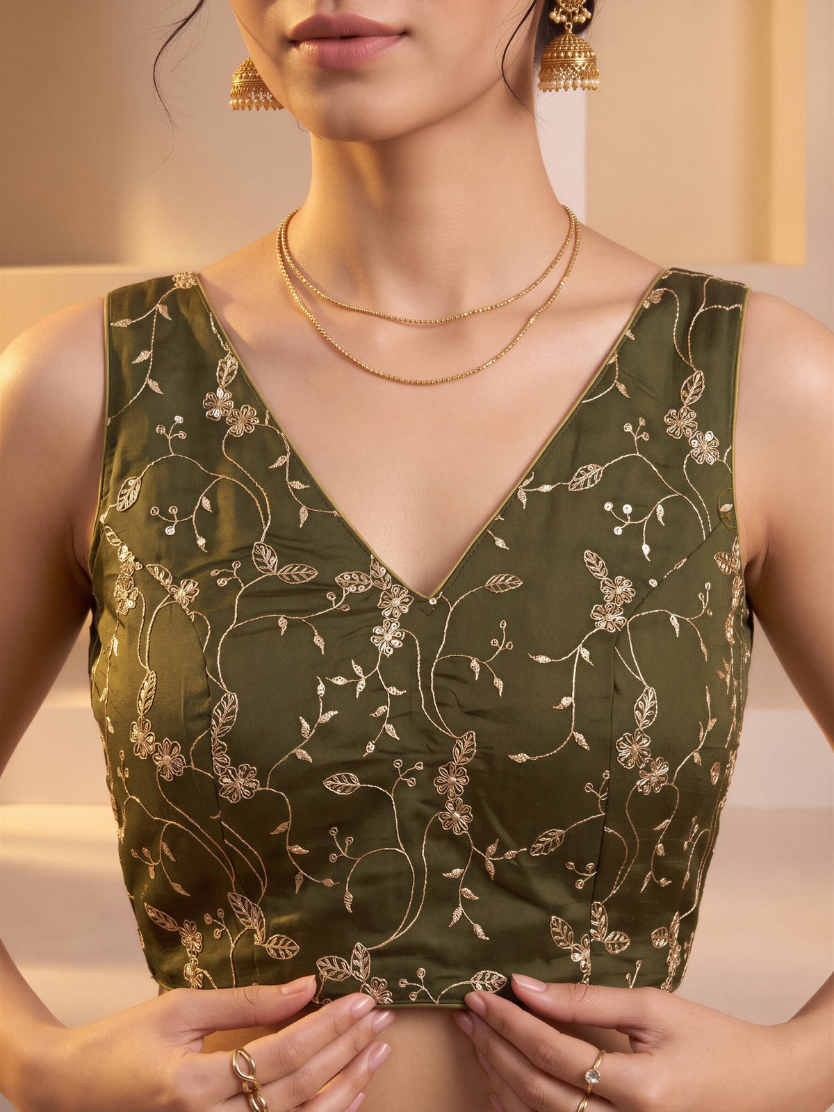 Olive sequin embroidered vichitra silk sleeveless readymade saree blouse with v neck view 4