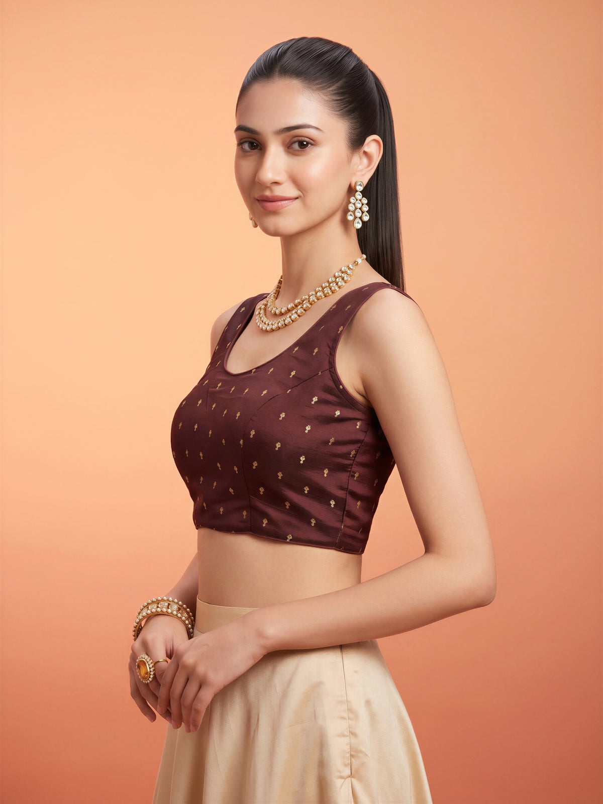 Brown sequin embellished silk blend sleeveless readymade saree blouse with round neck view 2