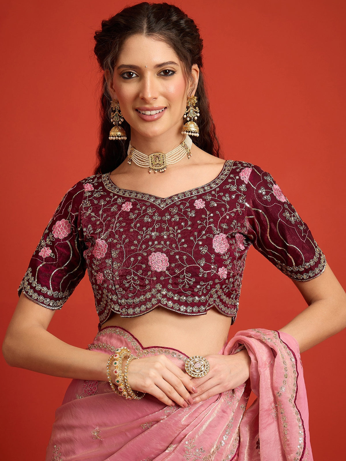 Pink Satin Silk saree – detail view 5