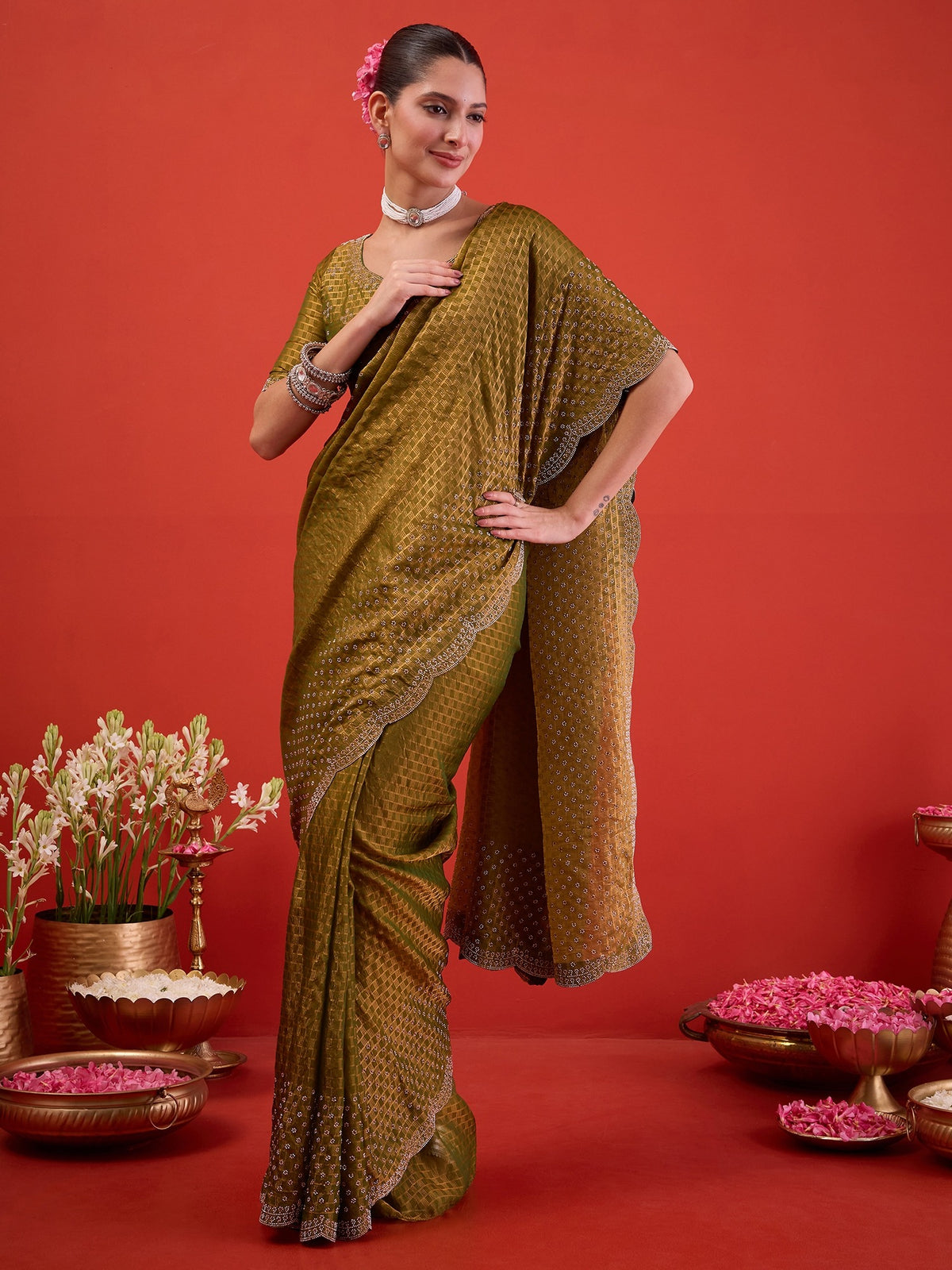 Olive Satin saree – detail view 2
